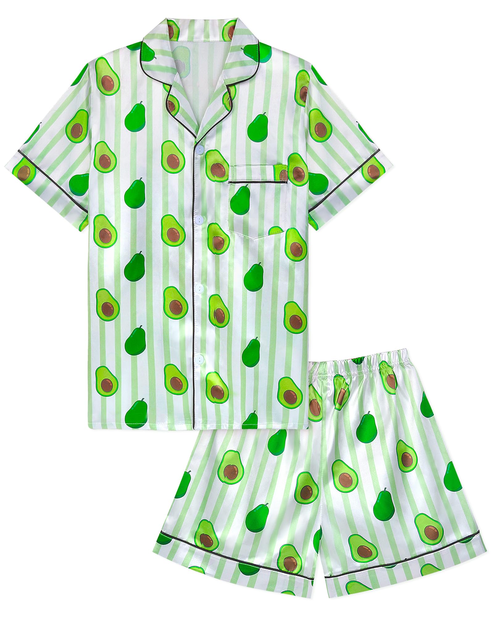 Sylfairy Girls Pajamas Silk PJS Set Pink Bow Satin Sleepwear Short Sleeve Jammies for Kids Button-Down Nightwear size 7-14