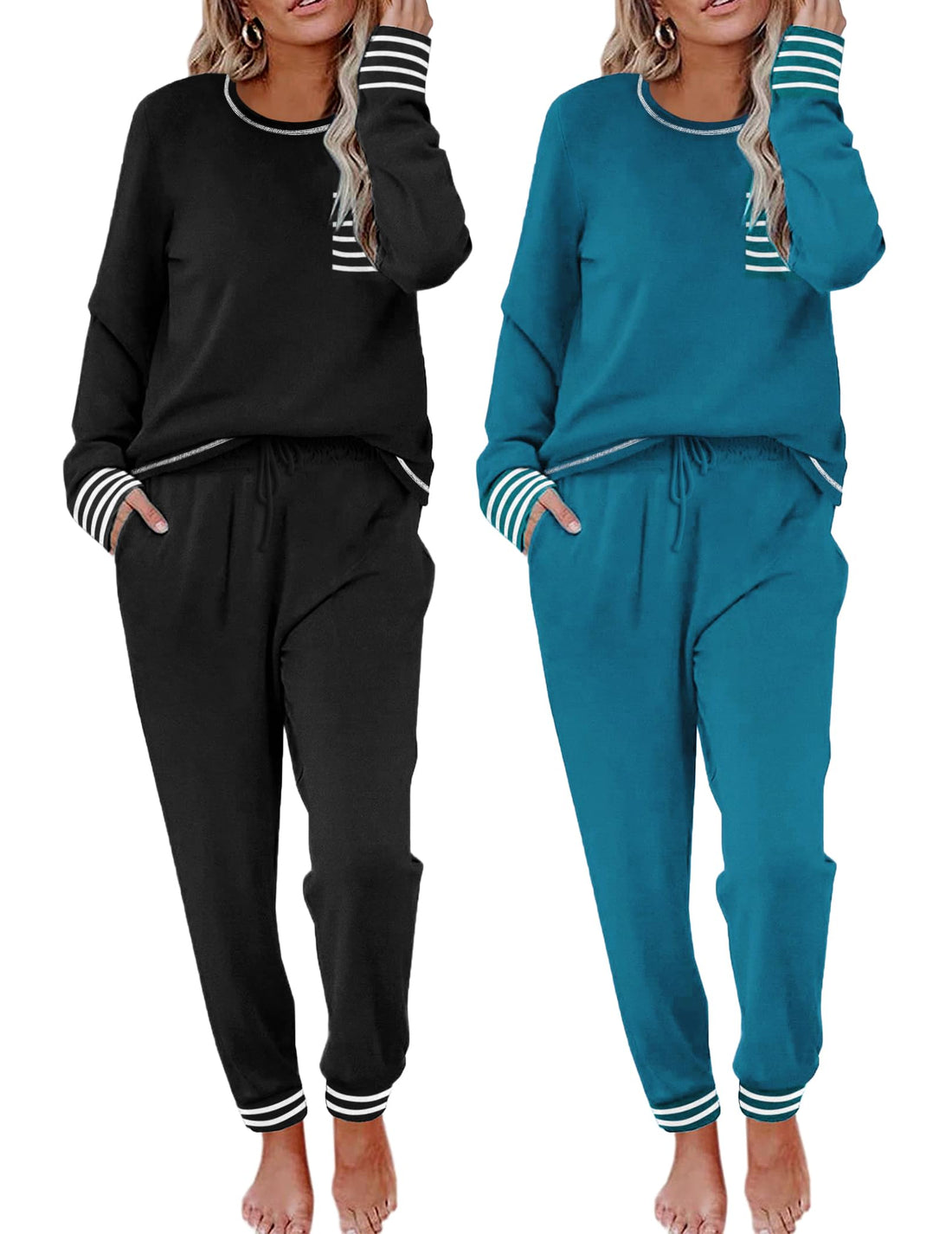 Ekouaer 2 Pack Womens Pajama Sets Long Sleeve Lounge Sets Soft Pj Sleepwear Loungewear