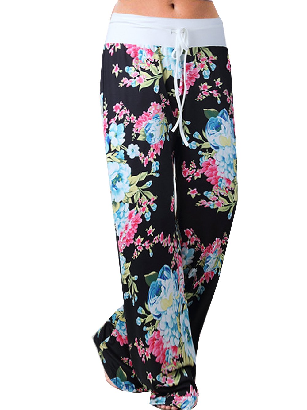iChunhua Women's Comfy Stretch Floral Print Drawstring Palazzo Wide Leg Lounge Pant