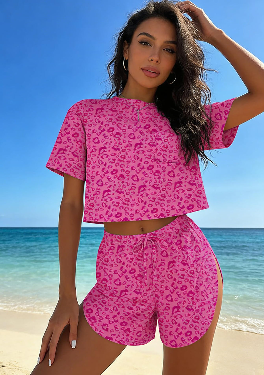 Women's 2 Piece Pajama Set Short Sleeve Sexy Side Split Short Lounge Set Cute Comfy Sleepwear Loungewear