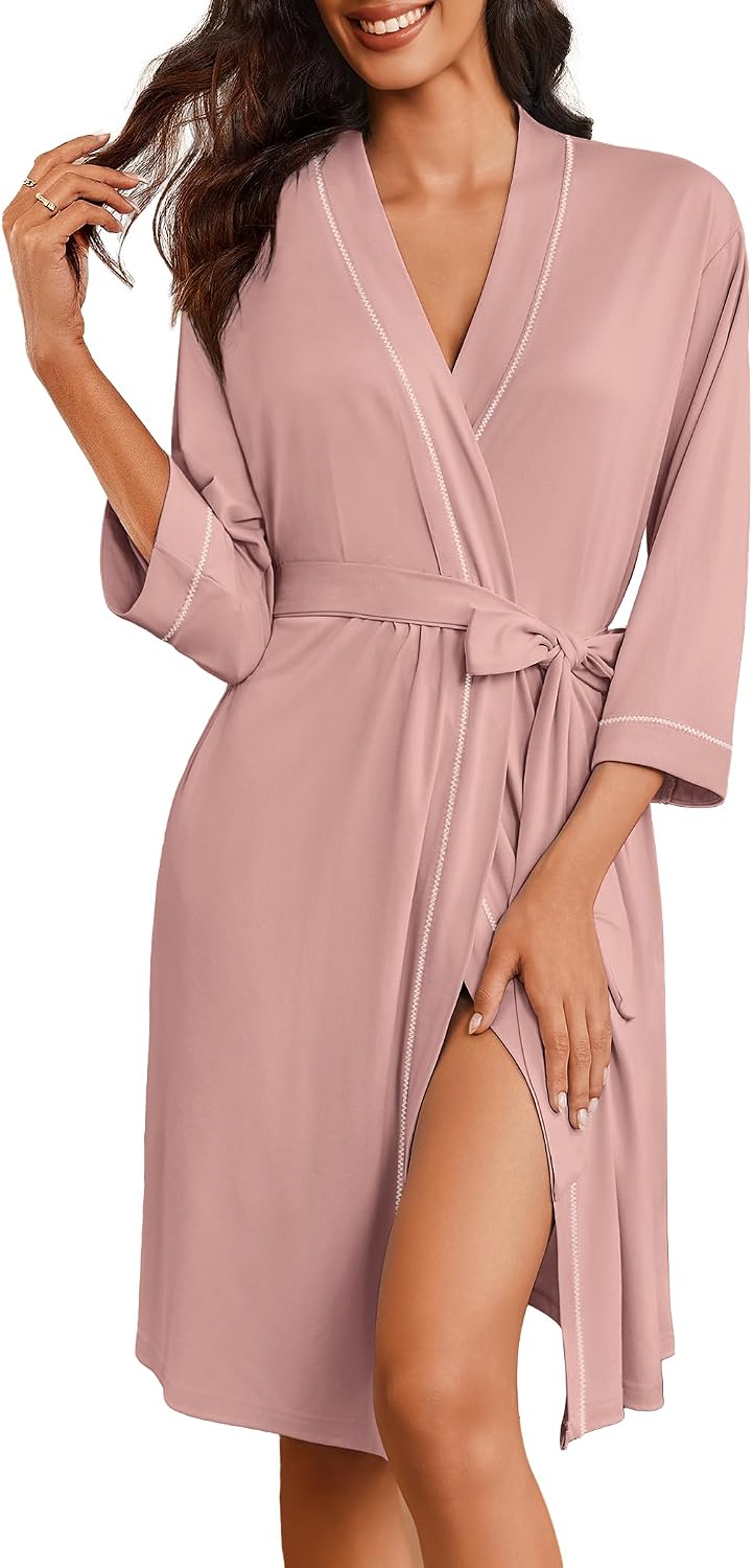 Ekouaer Robes for Women 3/4 Sleeve Knee Length Bathrobe with Pockets | Lightweight, Kimono,Sleepwear,Soft,Comfy,Floral Print,House Coat