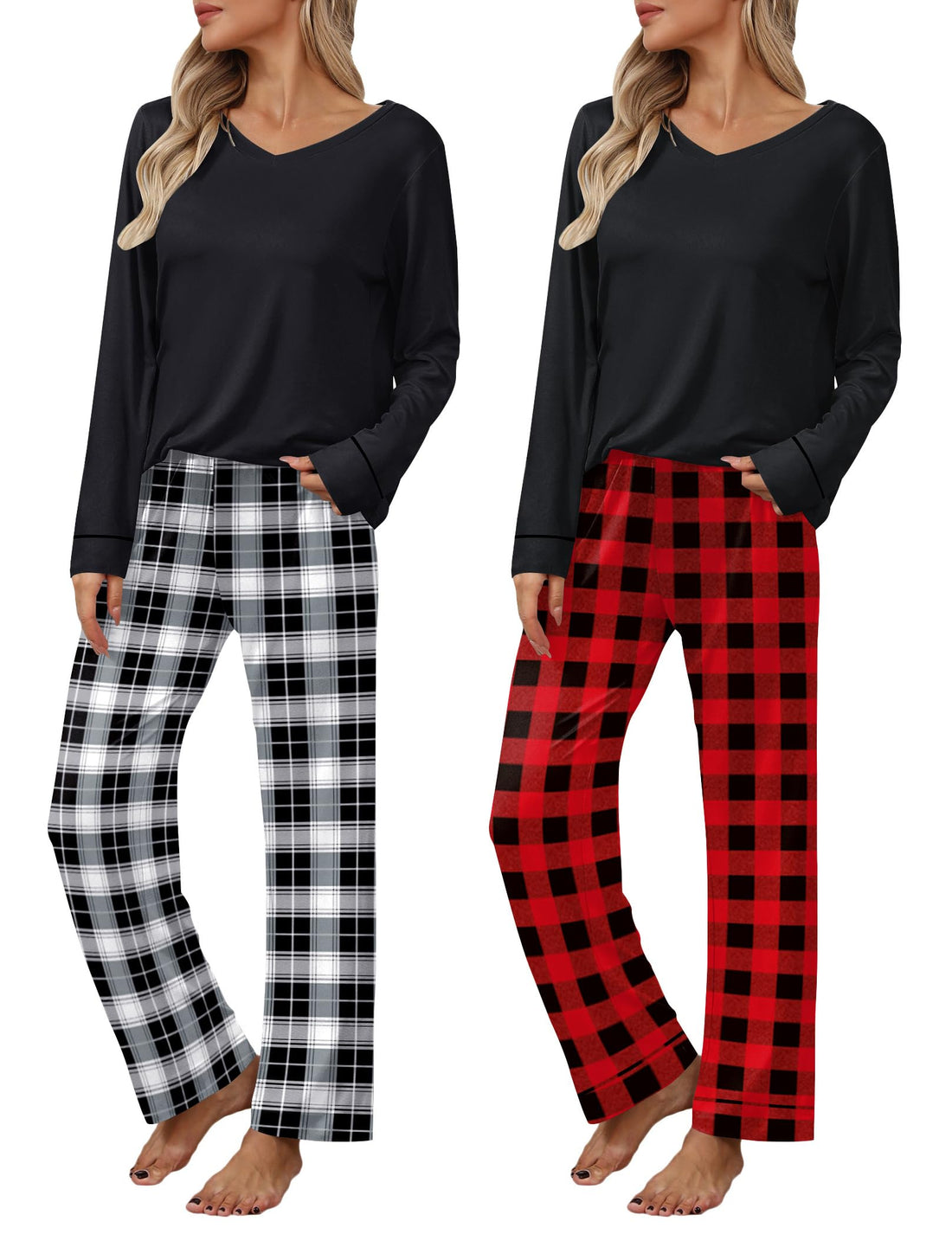 Ekouaer Womens 2 Pack Pajama Set Long Sleeve Pajamas Top and Pants V Neck Pjs Set Soft Loungewear with Pockets