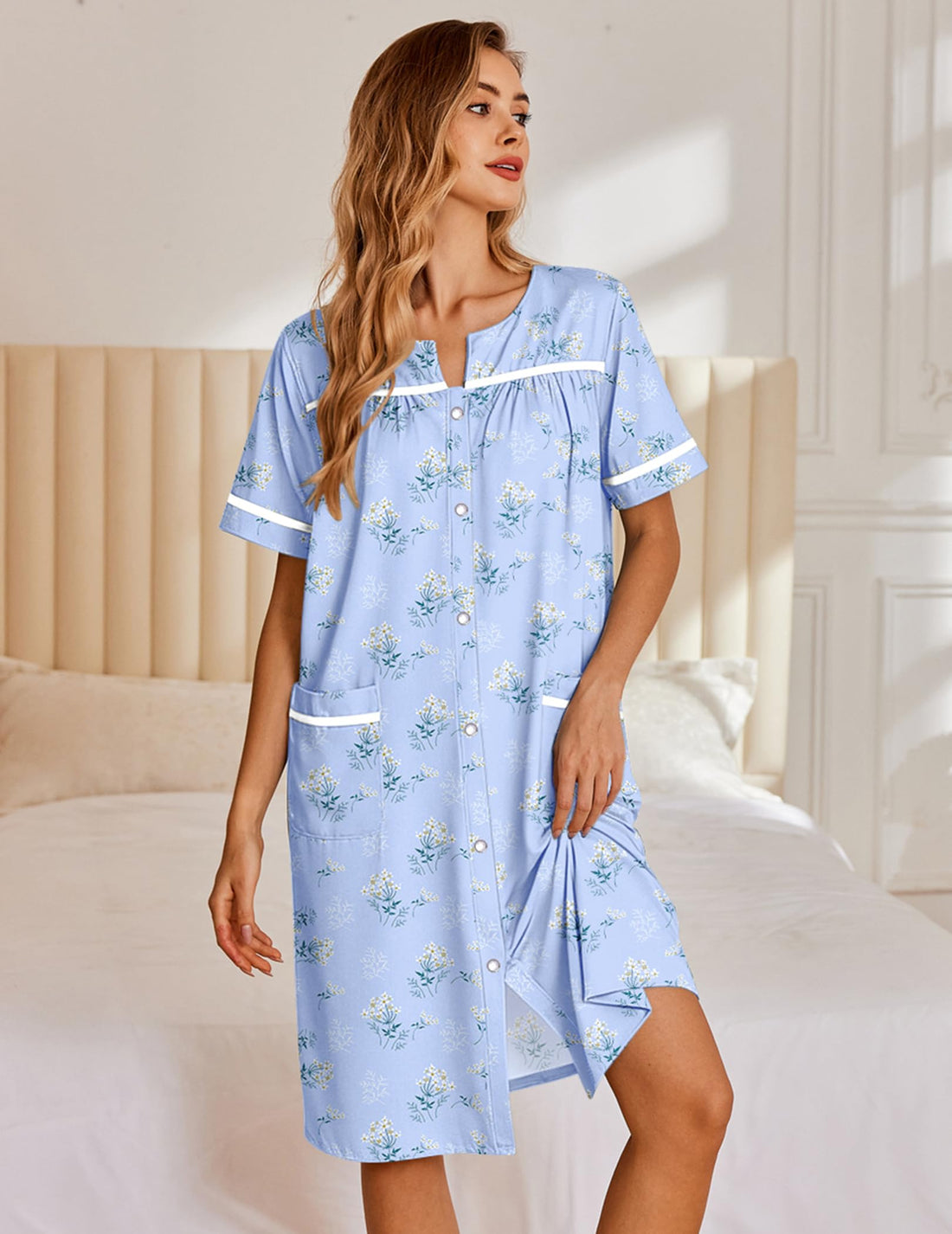 Ekouaer Nightgowns for Women House Dress with Pockets Snap Front House Coat | Duster Mumu Dress, Short Sleeve Moo Moos, Plus Size Sleepwear, Casual Lounge Dress, Labor Delivery Gown, Daily Wear, Home