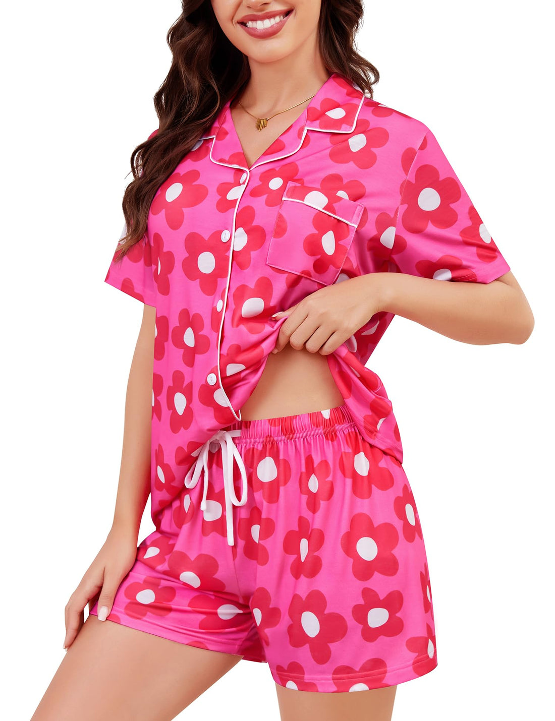 SWOMOG Womens Button Down Pajamas Set Short Sleeve Sleepwear Bride Soft Pj Lounge Sets XS-3XL