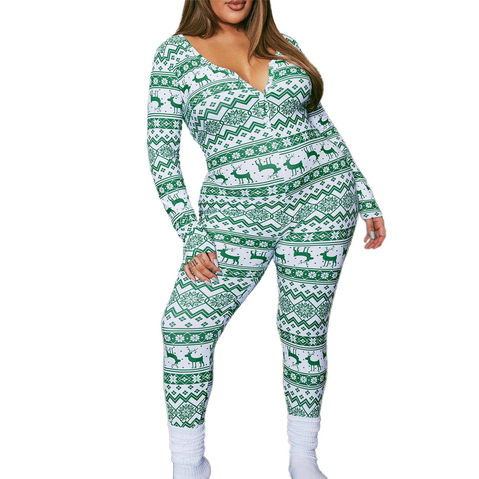 Women Christmas Long Sleeve Stripe Heart One Piece Pajamas Bodycon Jumpsuit Button Neck Sleepwear WEBE CLOTHING