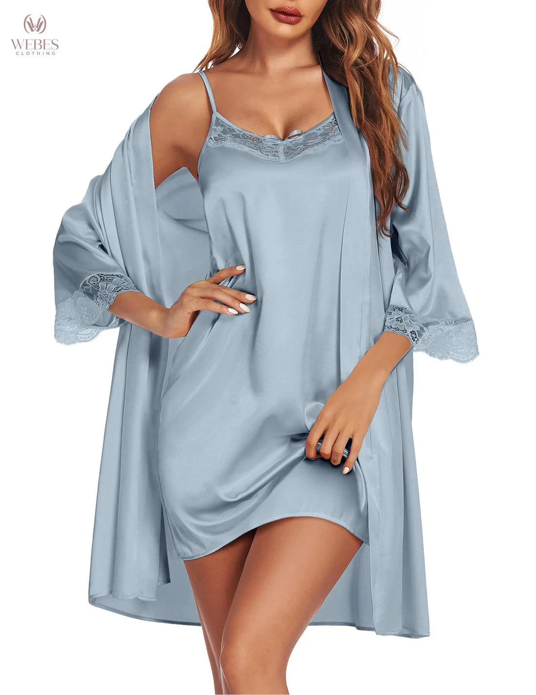 Ekouaer Sleepwear Women's Satin Nightgown with Robes Set 2 Piece Sexy Lace Cami Nightwear WEBE CLOTHING