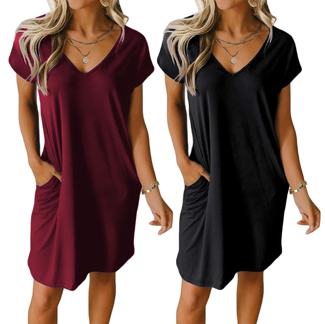 Ekouaer Womens 2 Pack Nightgown V Neck Sleepshirt Short Sleeve Nightshirt Plain/Floral Pajama Dress with Pockets