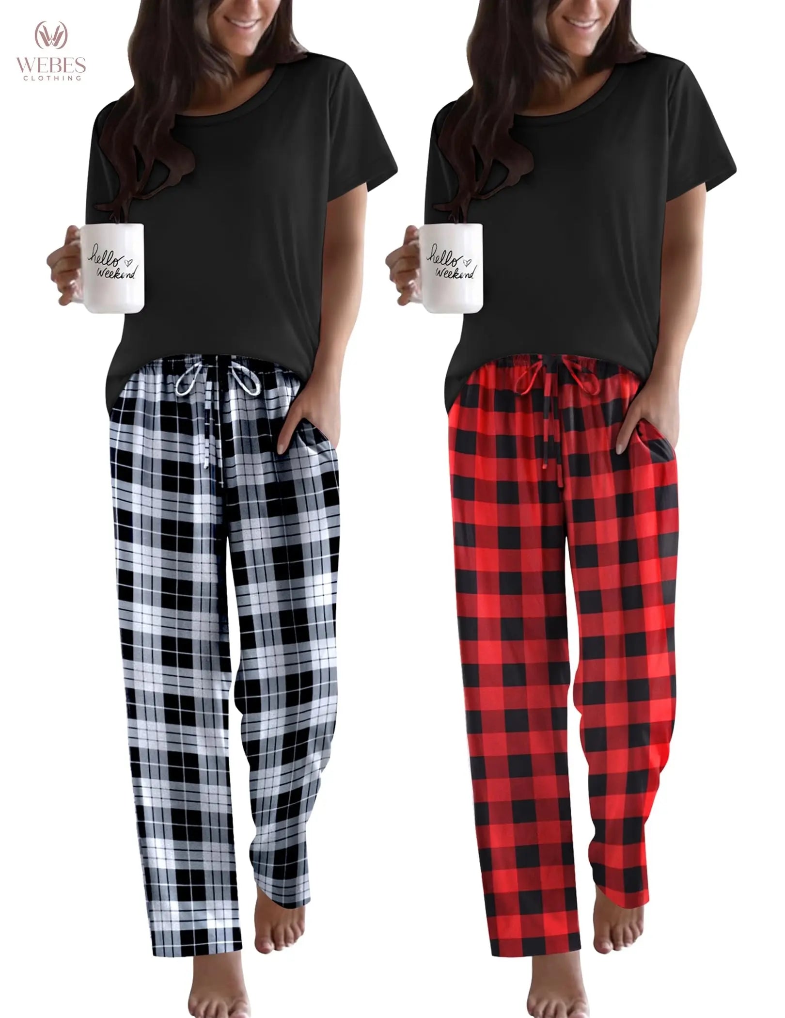 Ekouaer 2 Pack Pajamas for Women Set Short Sleeve Pj Top and Printed Pants | Soft PJs Cozy Printed Lounge Sets Comfy Sleepwear with Pockets WEBE CLOTHING