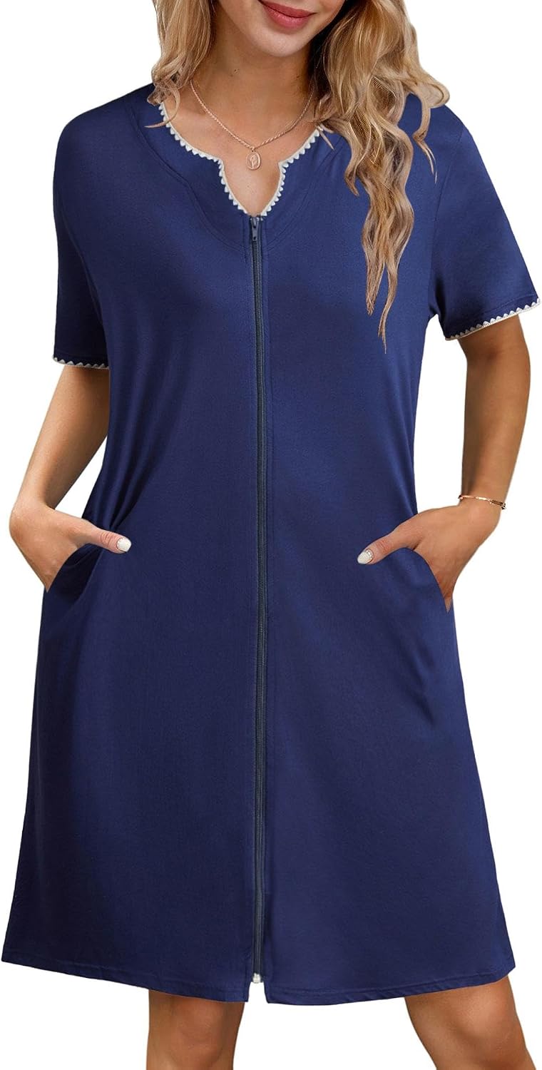 Ekouaer Zipper Robes for Women Knee Length Bathrobe Lightweight Housecoat Short Sleeve Nightgown with Pockets S-3XL WEBE CLOTHING