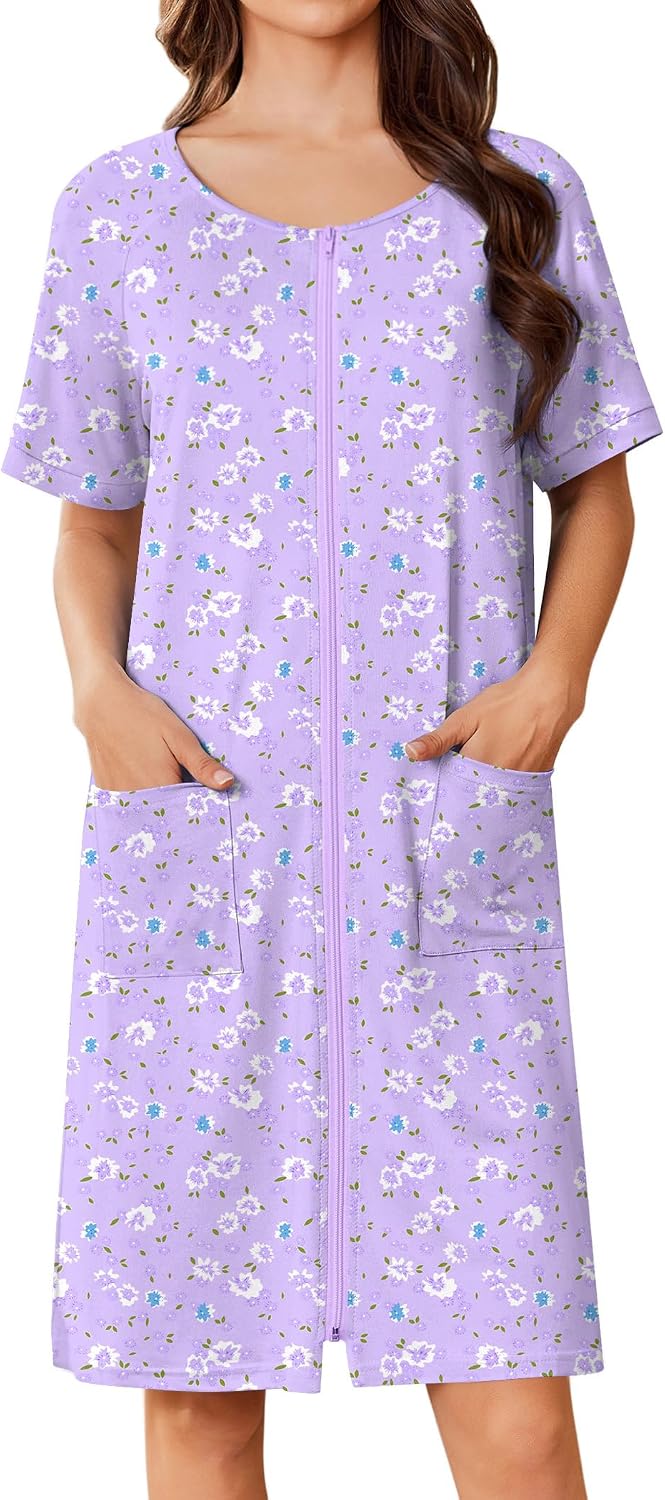 Ekouaer Women Zip Up Robe Bathrobe Lightweight House Coats with Pockets | House Coats for Women with Pockets, Short Sleeve Lightweight Robe for Women, Women's Floral Print Bathrobe, Short Summer Robe WEBE CLOTHING