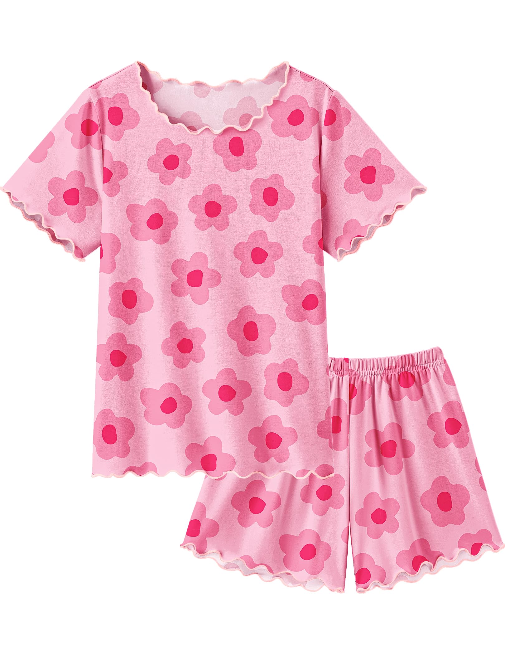 Arshiner Girls Pajama Set Short Sleeve Lounge Set Soft Shirring Summer Sleepwear Pj Sets