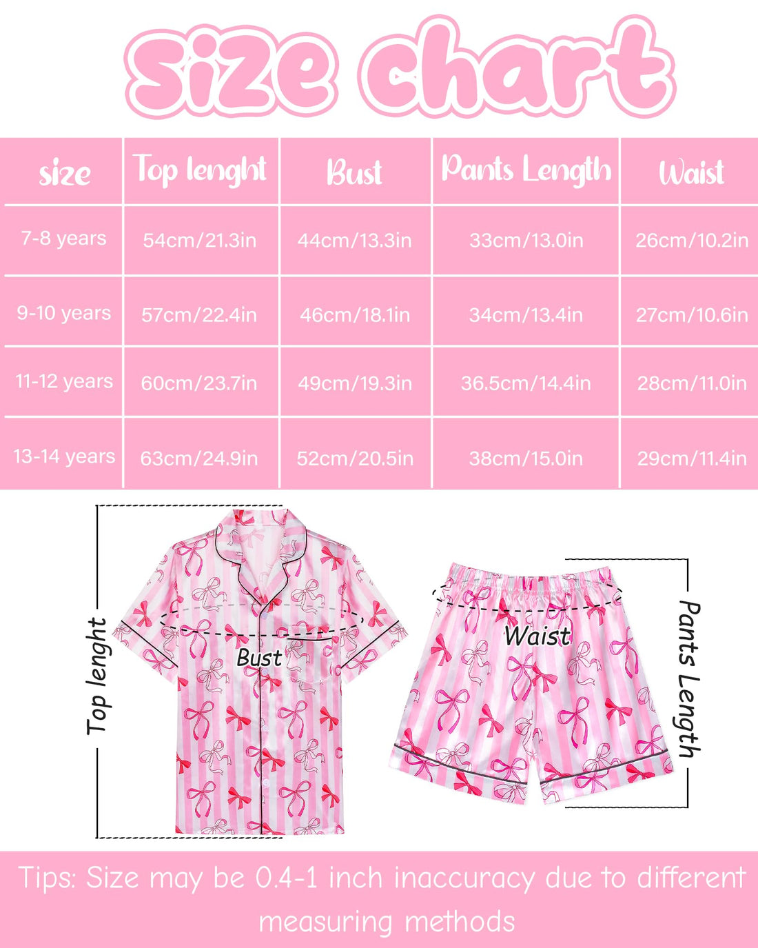 Sylfairy Girls Pajamas Silk PJS Set Pink Bow Satin Sleepwear Short Sleeve Jammies for Kids Button-Down Nightwear size 7-14