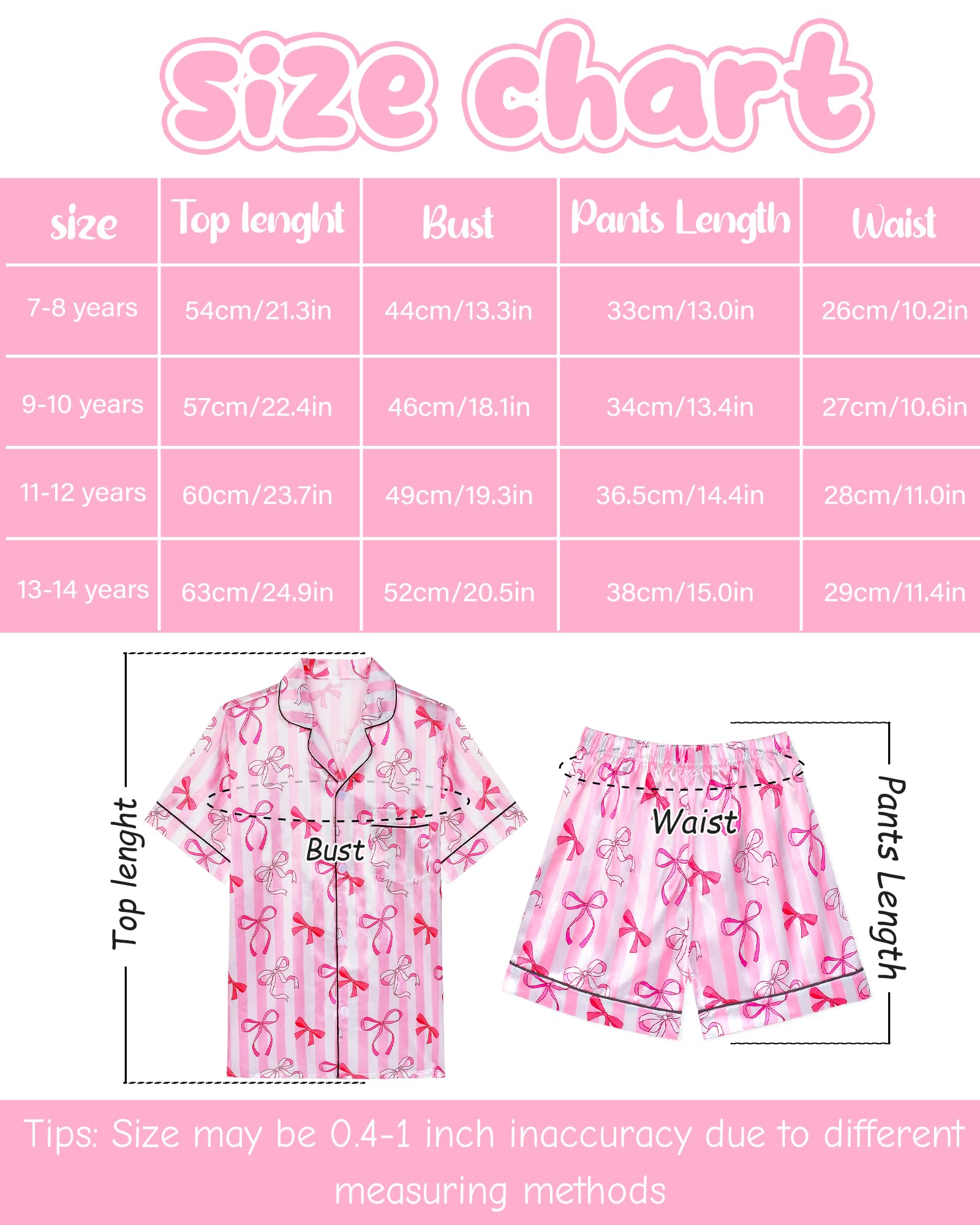 Sylfairy Girls Pajamas Silk PJS Set Pink Bow Satin Sleepwear Short Sleeve Jammies for Kids Button-Down Nightwear size 7-14