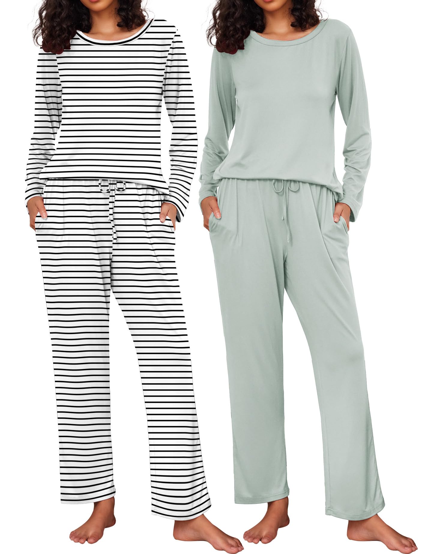 Ekouaer 2 Pack Womens Pajama Sets Long Sleeve Pjs Lounge Set Soft Comfy Sleepwear Winter Loungewear
