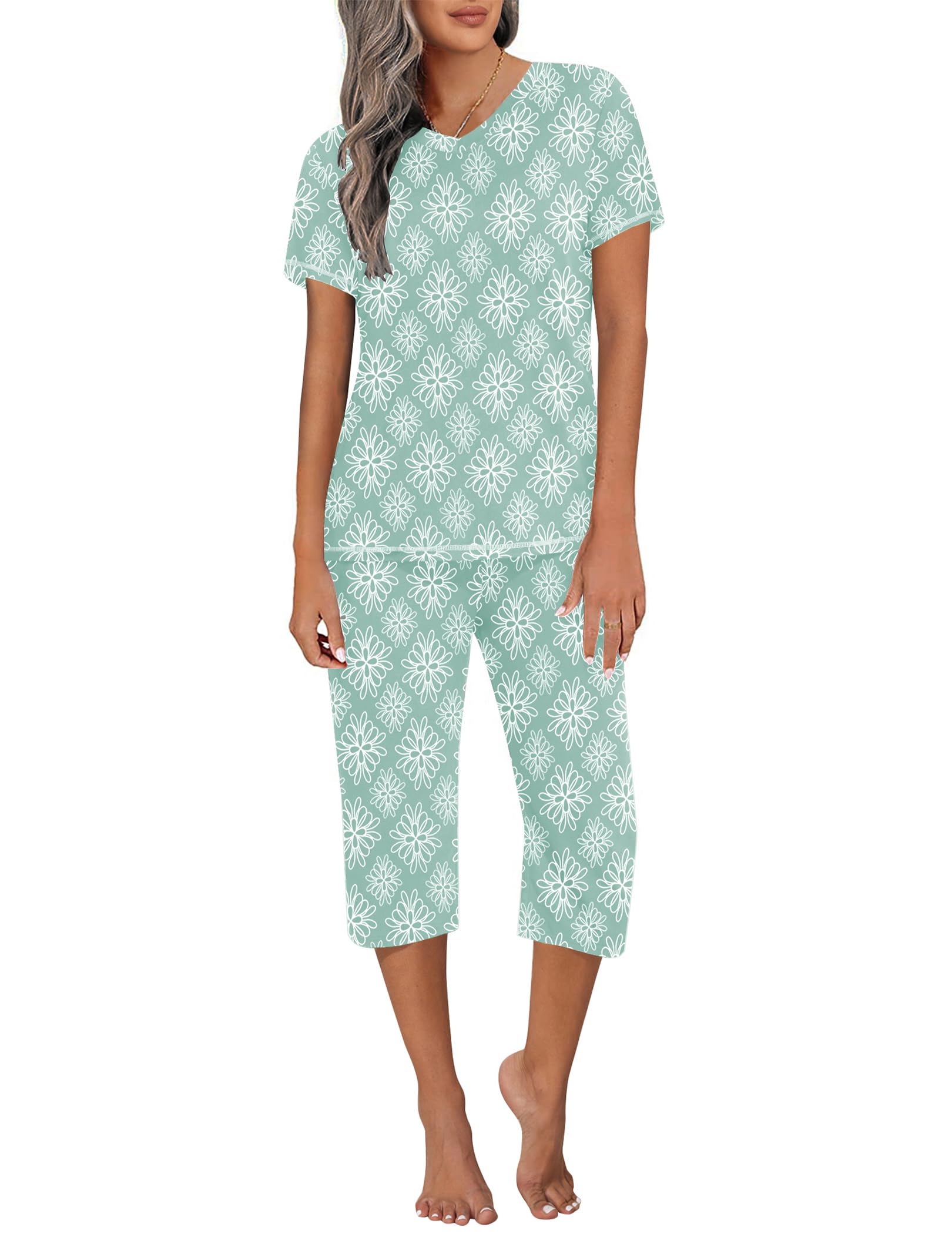 Ekouaer Women's Sleepwear Capri Pajama Sets Short Sleeve Two-Piece Pjs V Neck Tops & Capri Pants with Pockets S-3XL