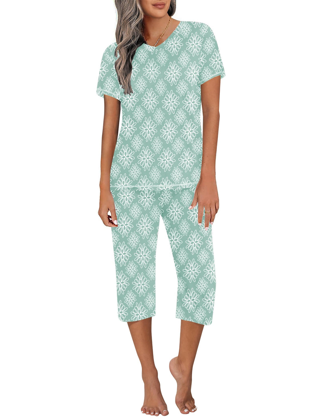 Ekouaer Women's Sleepwear Capri Pajama Sets Short Sleeve Two-Piece Pjs V Neck Tops & Capri Pants with Pockets S-3XL