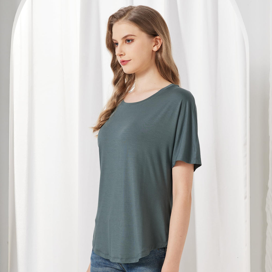 netdraw Women's Ultra Soft Bamboo Viscose Dolman Top Loose Fit Trendy Casual Lounge Short Sleeve Pajama Batwing T-Shirt