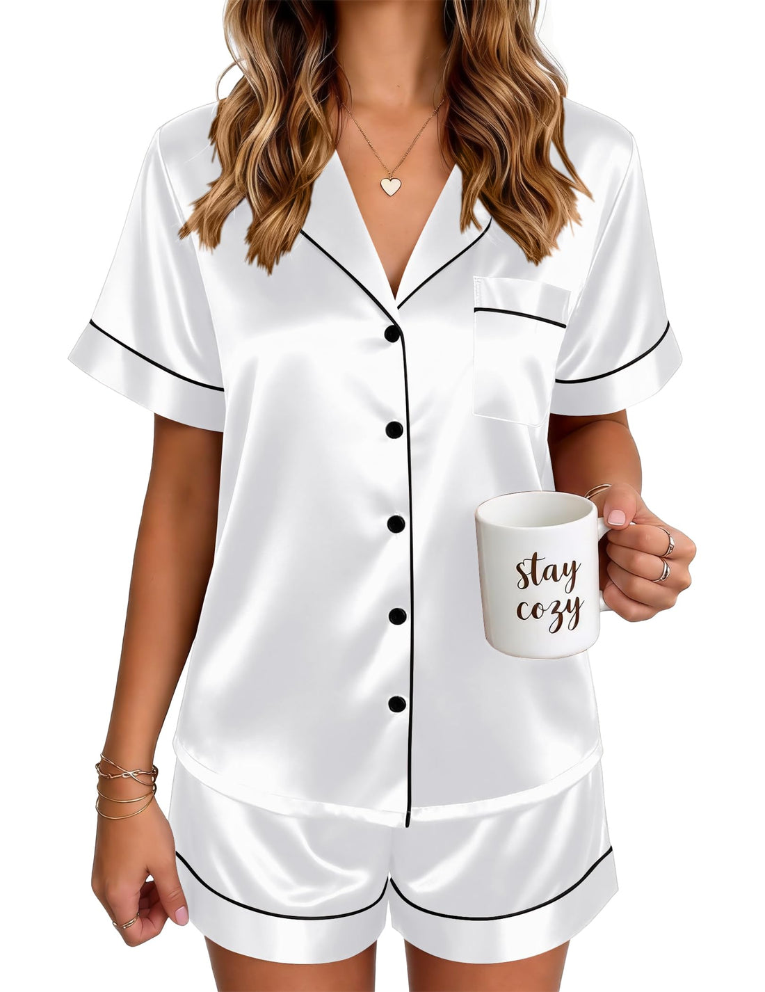 Ekouaer Satin Pajamas for Women Silk Pjs Short Set 2 Piece Button Up Lounge Sets Short Sleeve Sleepwear S-XXL