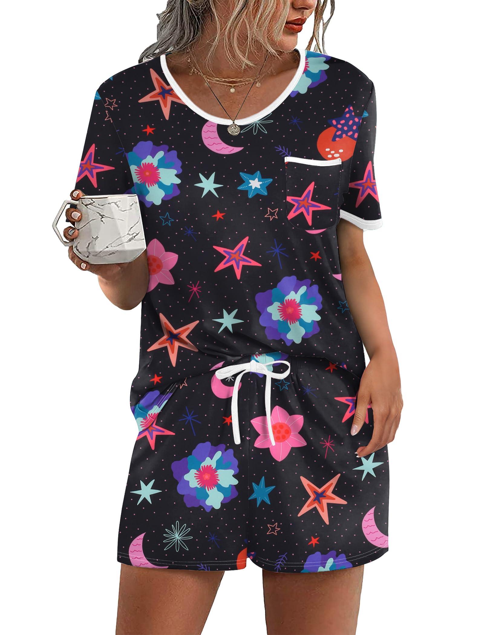 Ekouaer Pajama Set for Women 2 Piece Lounge Set Short Sleeve Tops and Shorts Soft Sleepwear, Chest Pocket