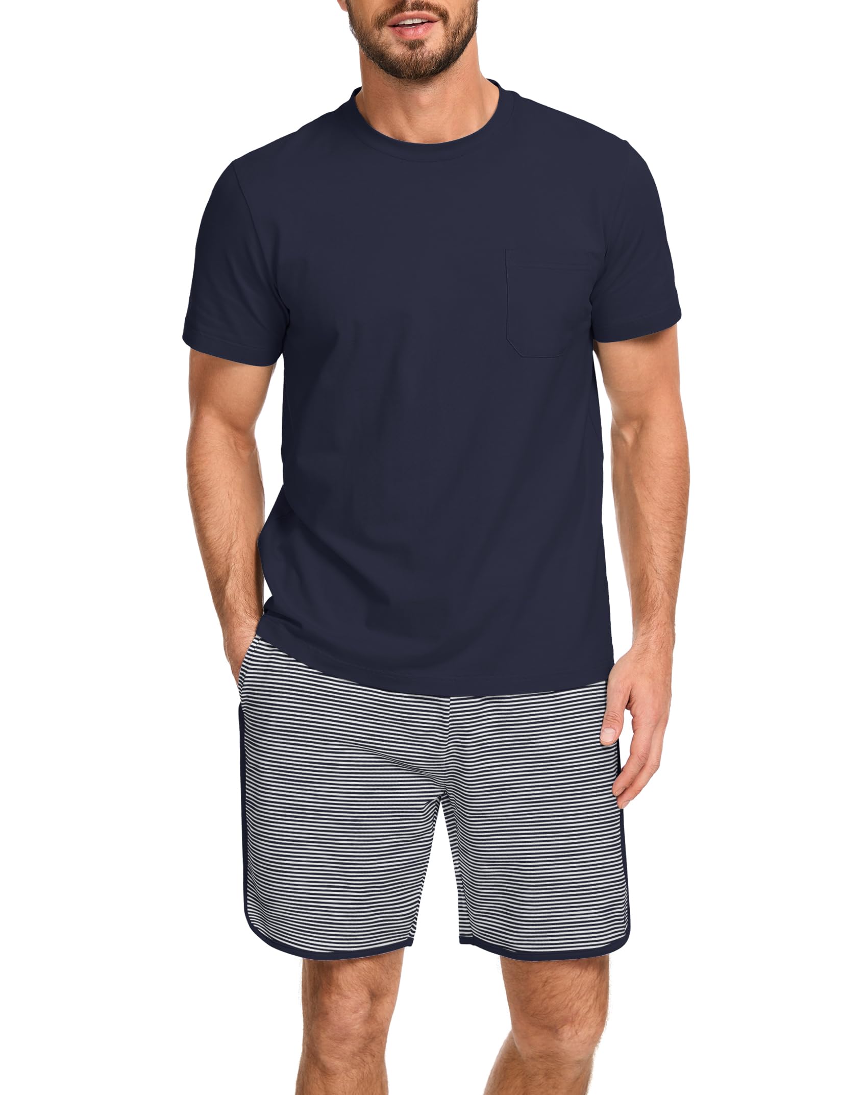 Mens Cotton Pajamas Set Stripe 2 Piece Lounge Set Pjs Summer Short Sleeve and Shorts Comfy Loungewear with Pockets WEBE CLOTHING
