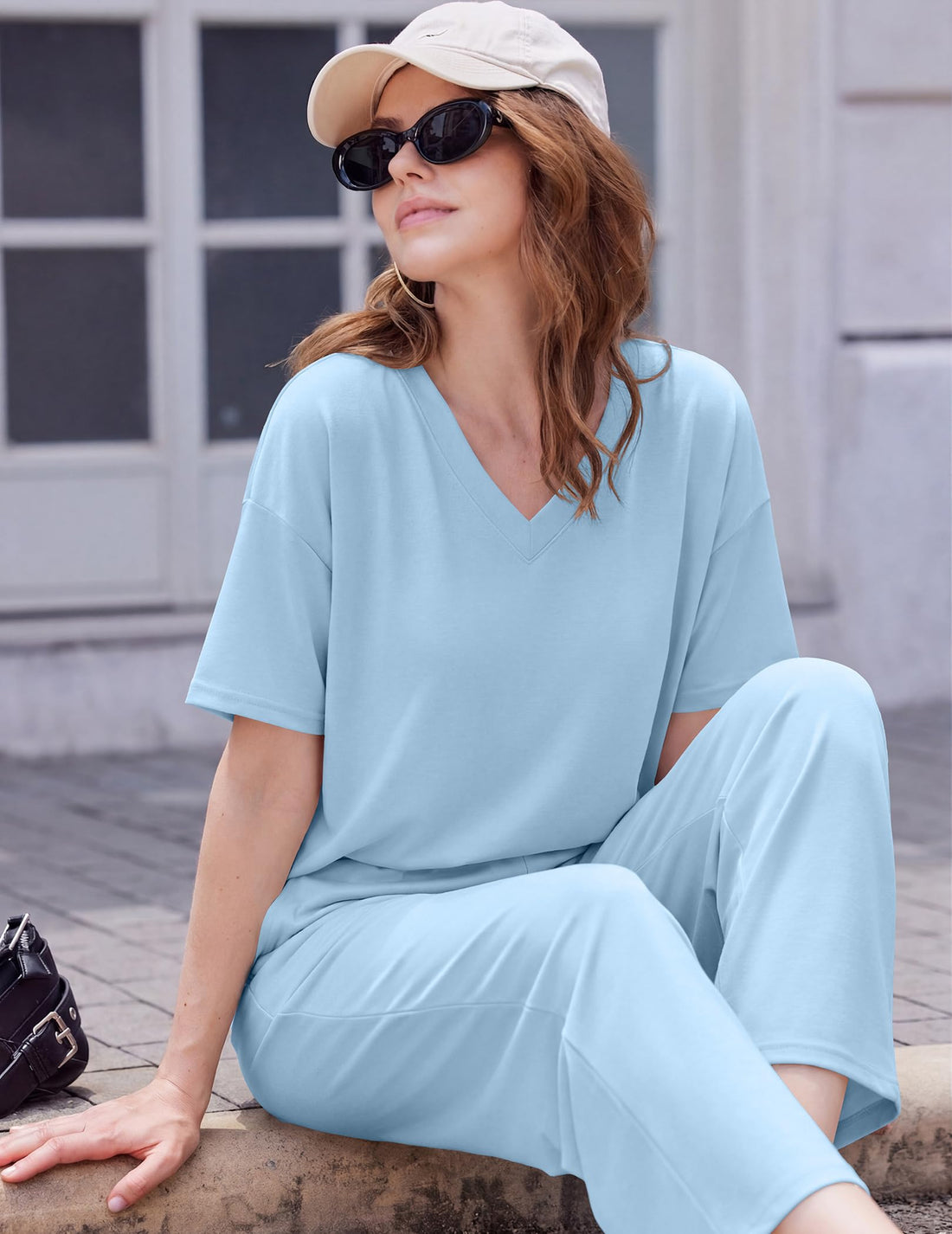 Ekouaer 2 Packs Lounge Sets for Women Short Sleeve Pajamas Set V Neck Top and Long Pants Comfy Pjs Outifts with Pockets