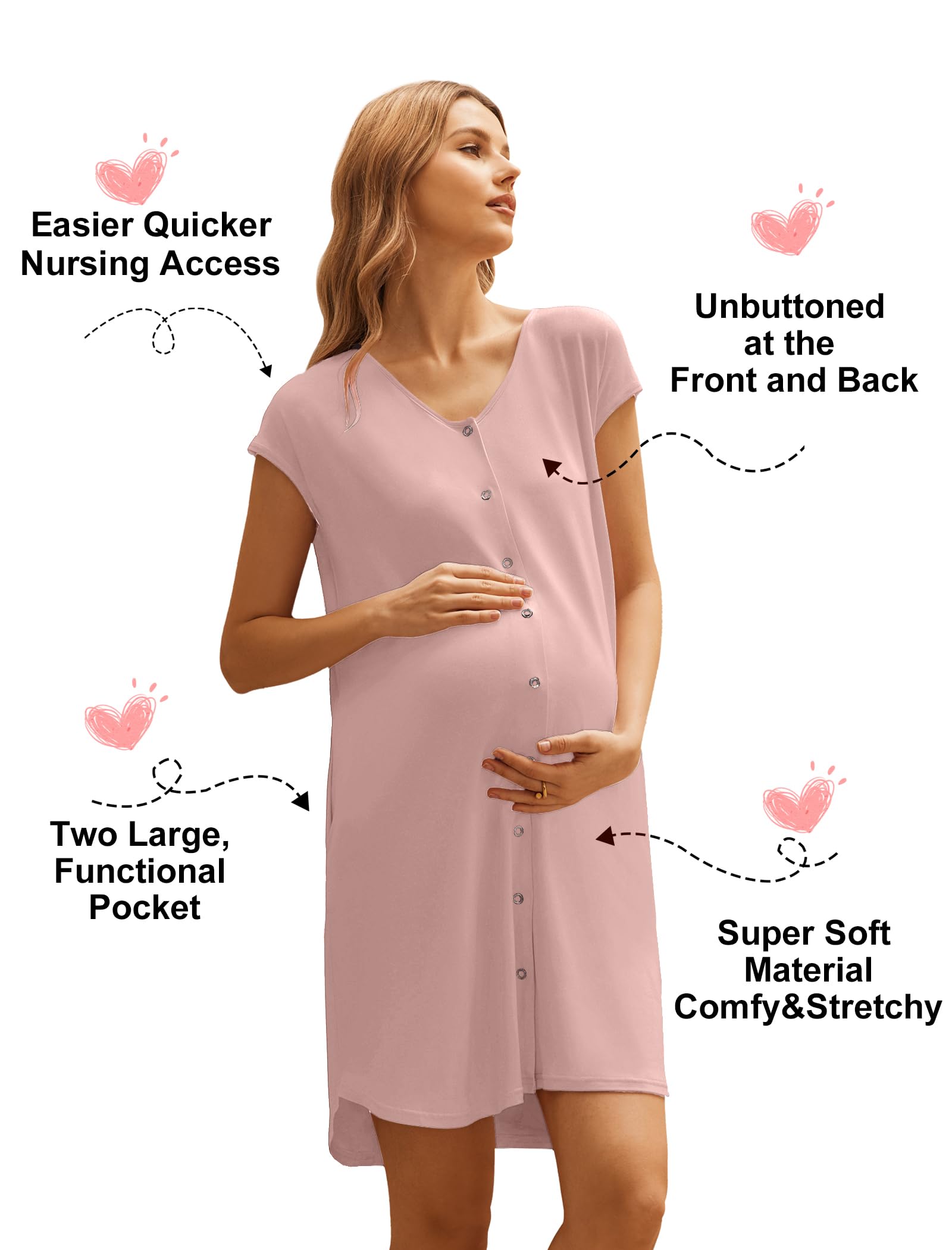 Ekouaer Labor and Delivery Gown for Hospital Birthing Gown Nursing Dress | Open Back Birthing Gown, Maternity Nursing Pajamas Dress Breastfeeding, Button C Section Postpartum Clothes