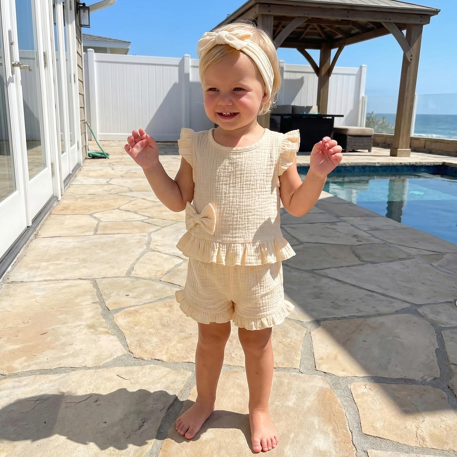 Amnnchya Toddler Girl Clothes Baby Summer Spring Outfits Cute Bow Button Smocked Ruffle Sleeve Tops ＋ Girls Shorts Set WEBE CLOTHING