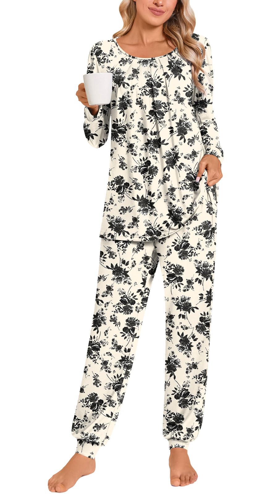 Anymeet Womens Pajama Sets Fall Winter Long Sleeve 2 Piece Sleepwear Soft Lounge Outfits with Pockets