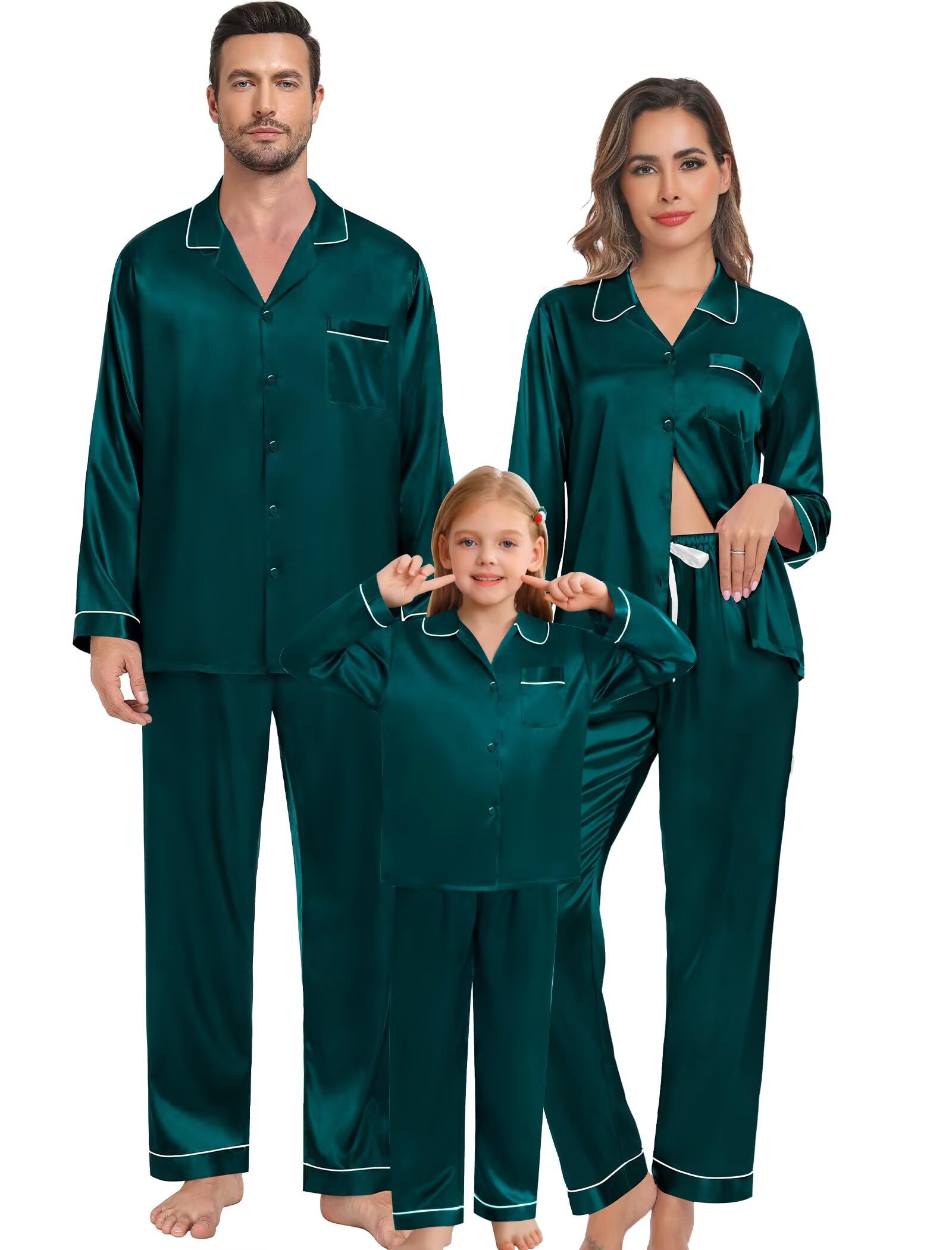 SWOMOG Family Matching Pajama Set 2Pcs Silk Satin Sleepwear Long Sleeve Button Down Loungewear