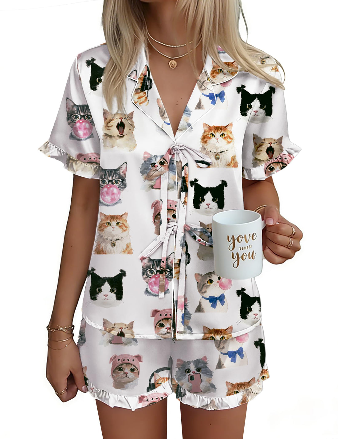 Ekouaer Satin Pajama for Women Short Sleeve Silky Pj Short Set Bow Front Tie Up Loungewear Sleepwear