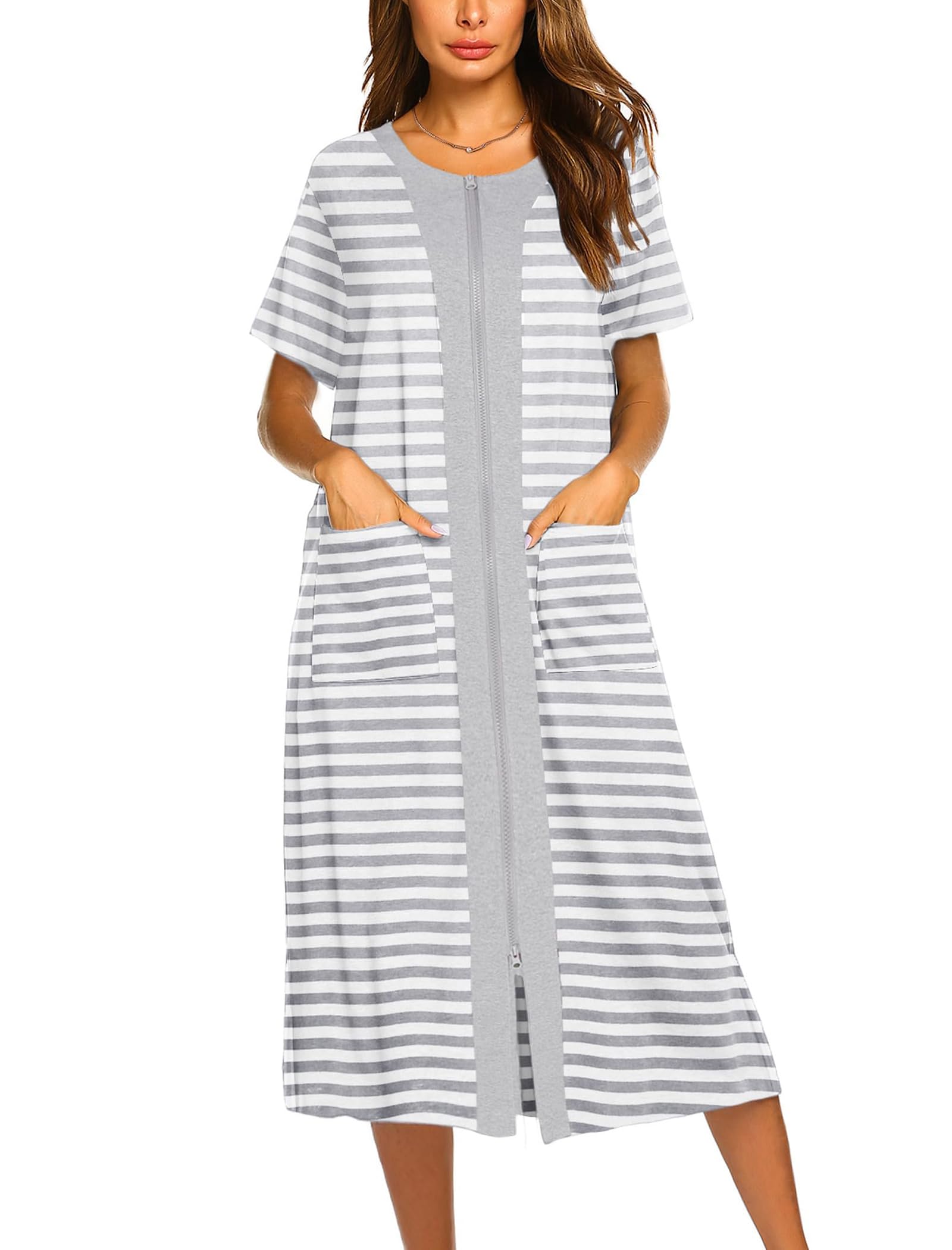 Ekouaer Robes For Women Zipper Bathrobe Short Sleeve Duster With Pockets | Zipper Front House Coat, Lightweight Sleepwear, Plus Size Loungewear, Ladies Nightgown for Mother, Postoperative Gown, Sleep
