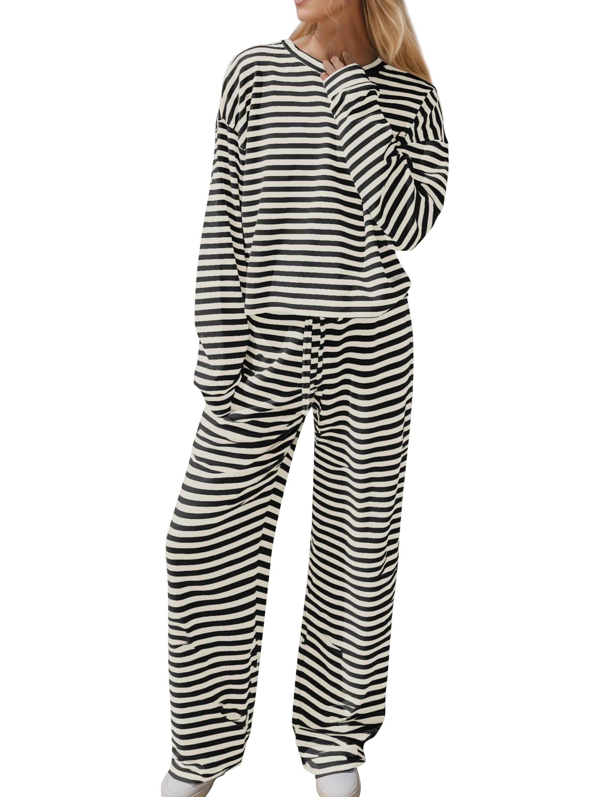 MISSACTIVER Women's Striped 2 Piece Lounge Set Casual Long Sleeve T-Shirt Drawstring Wide Leg Pants Matching Pajamas Set