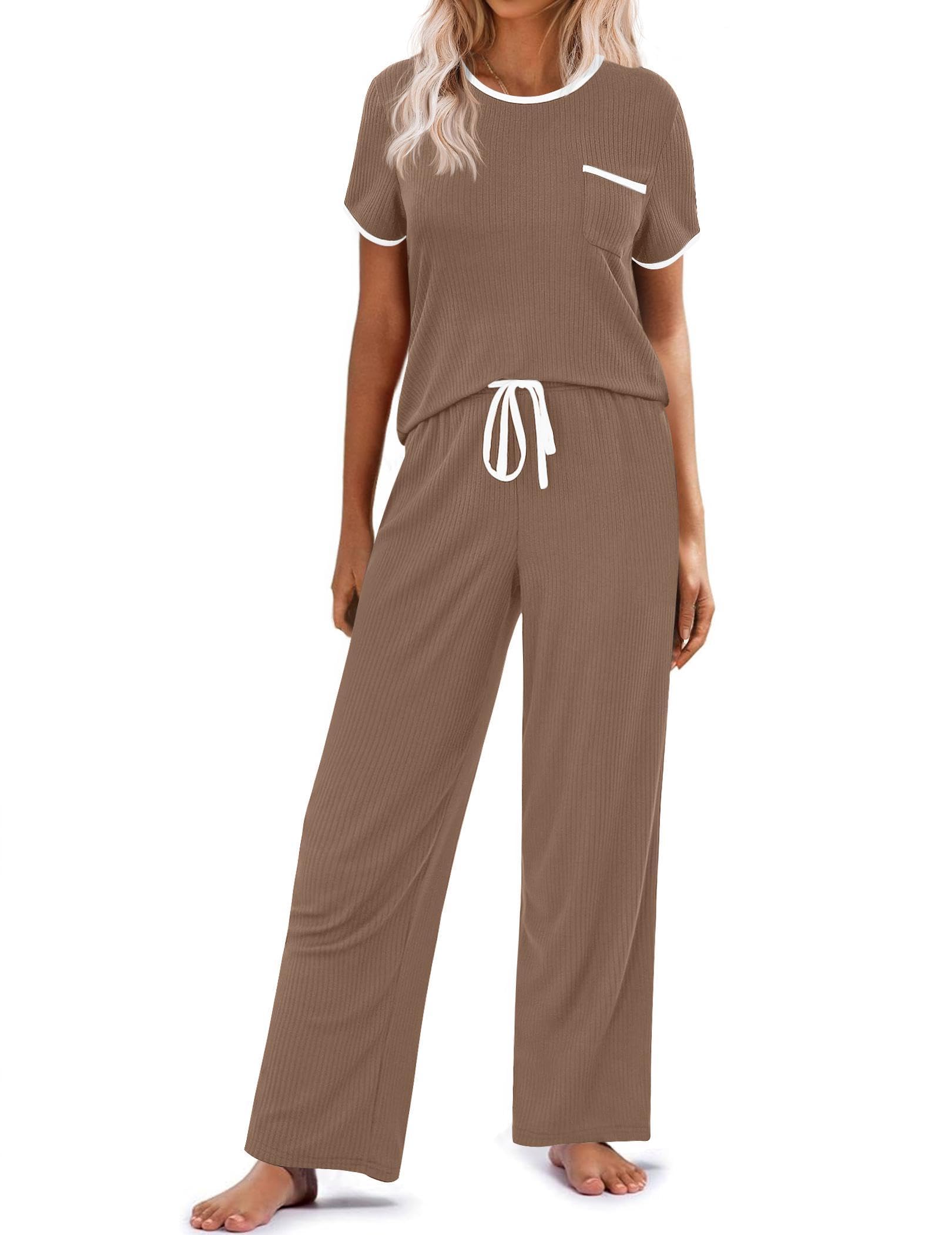 Ekouaer Women Lounge Pajamas Sets Ribbed Knit PJ Short Sleeve and Long Pajama Pant Soft 2 Piece Sleepwear Loungwear Set