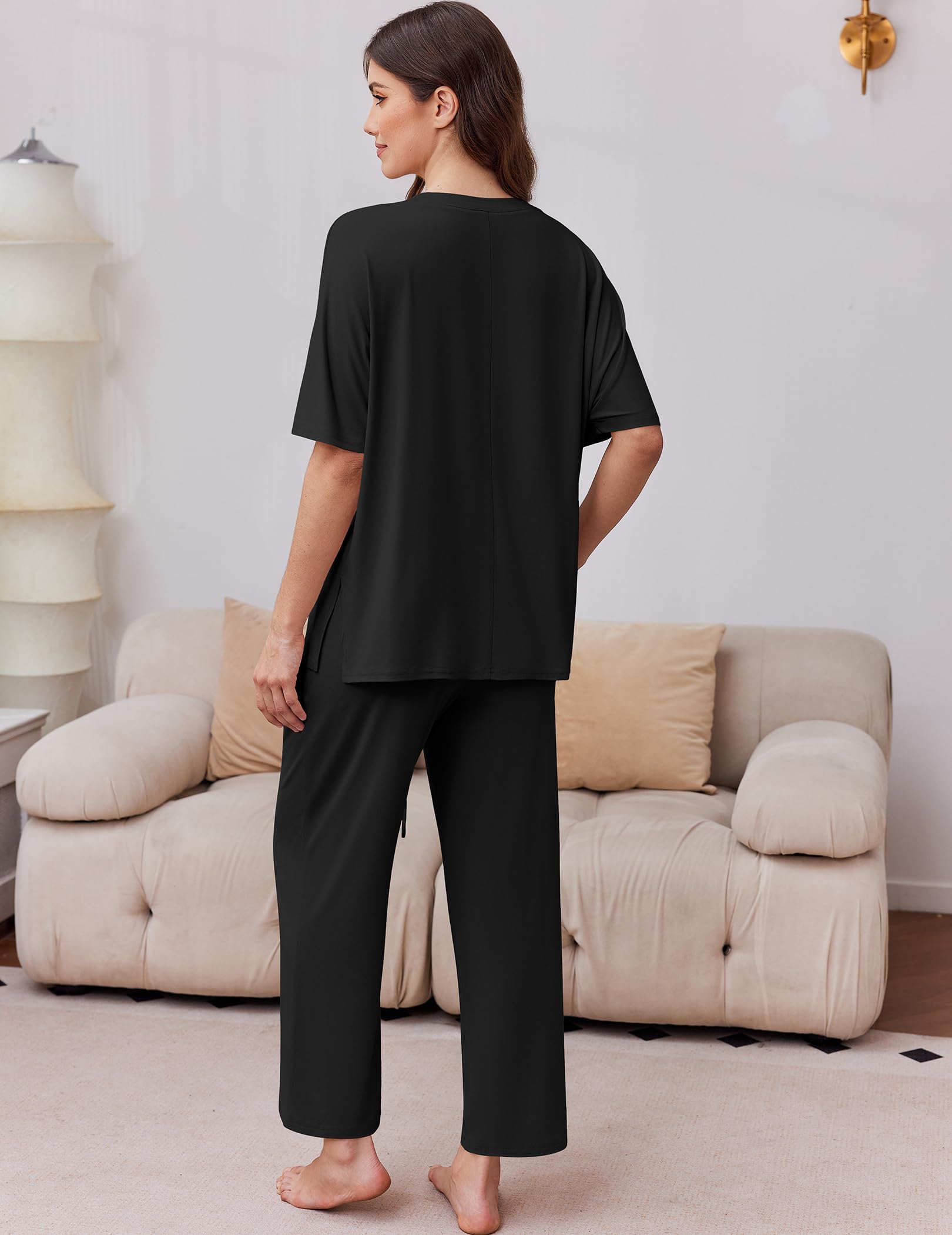 Ekouaer 2 Packs Lounge Sets for Women Short Sleeve Pajamas Set V Neck Top and Long Pants Comfy Pjs Outifts with Pockets