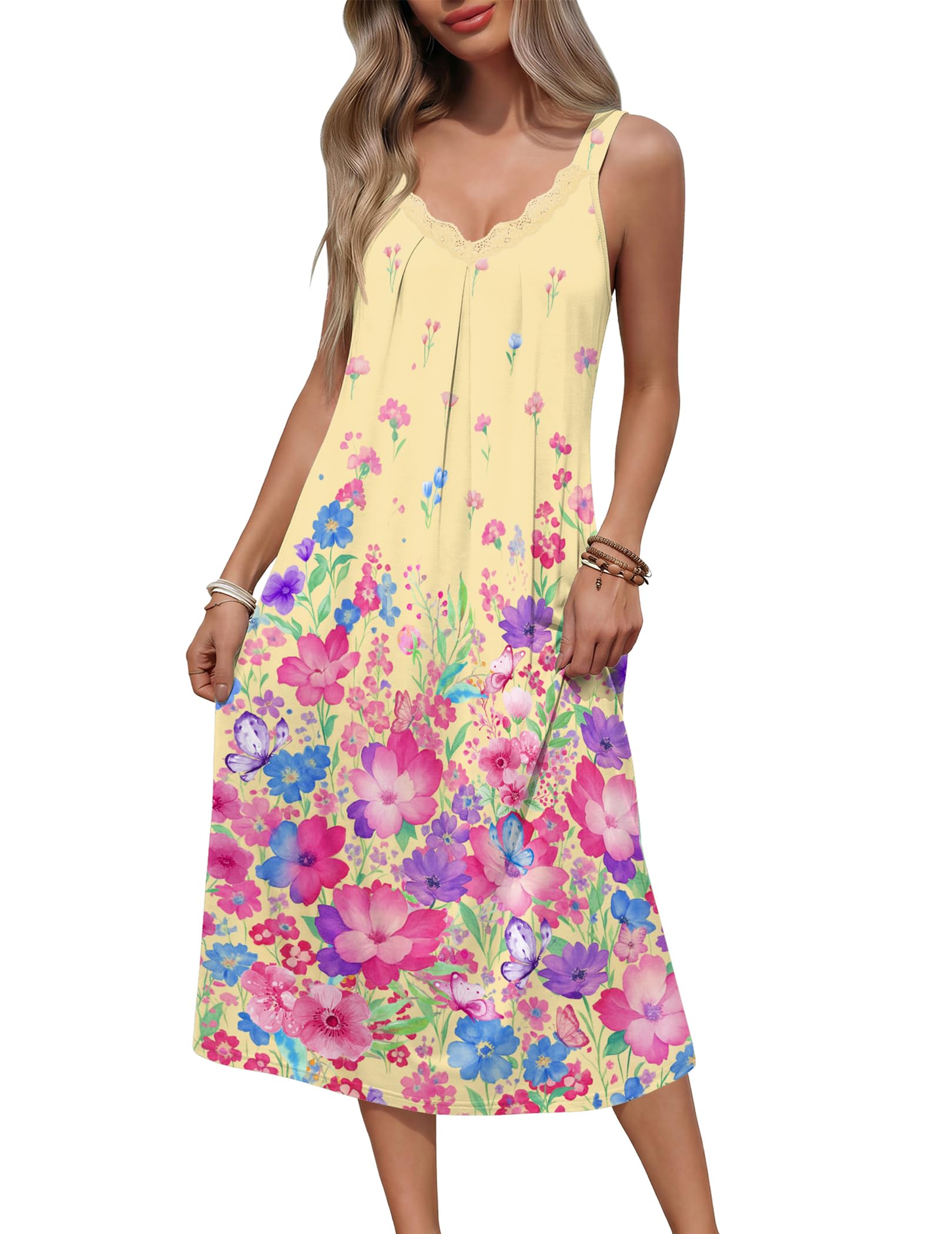 Ekouaer Sleeveless Nightgowns for Women Lace V-neck Long Nightdress Wide Strap Sleepwear Soft Lounge Dresses WEBE CLOTHING