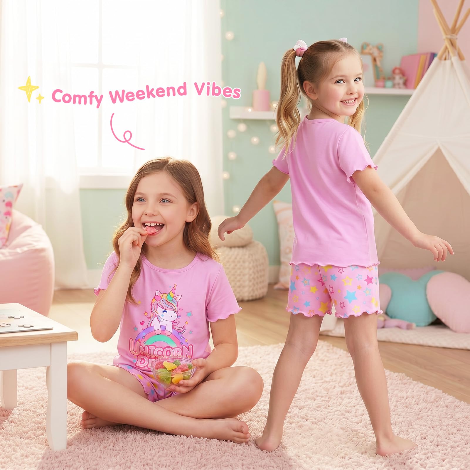 Play Tailor Girls Pajamas for Toddler Ruffled Kids Pajamas Set Short Sleeves Summer Pjs Sleepwear for Girl