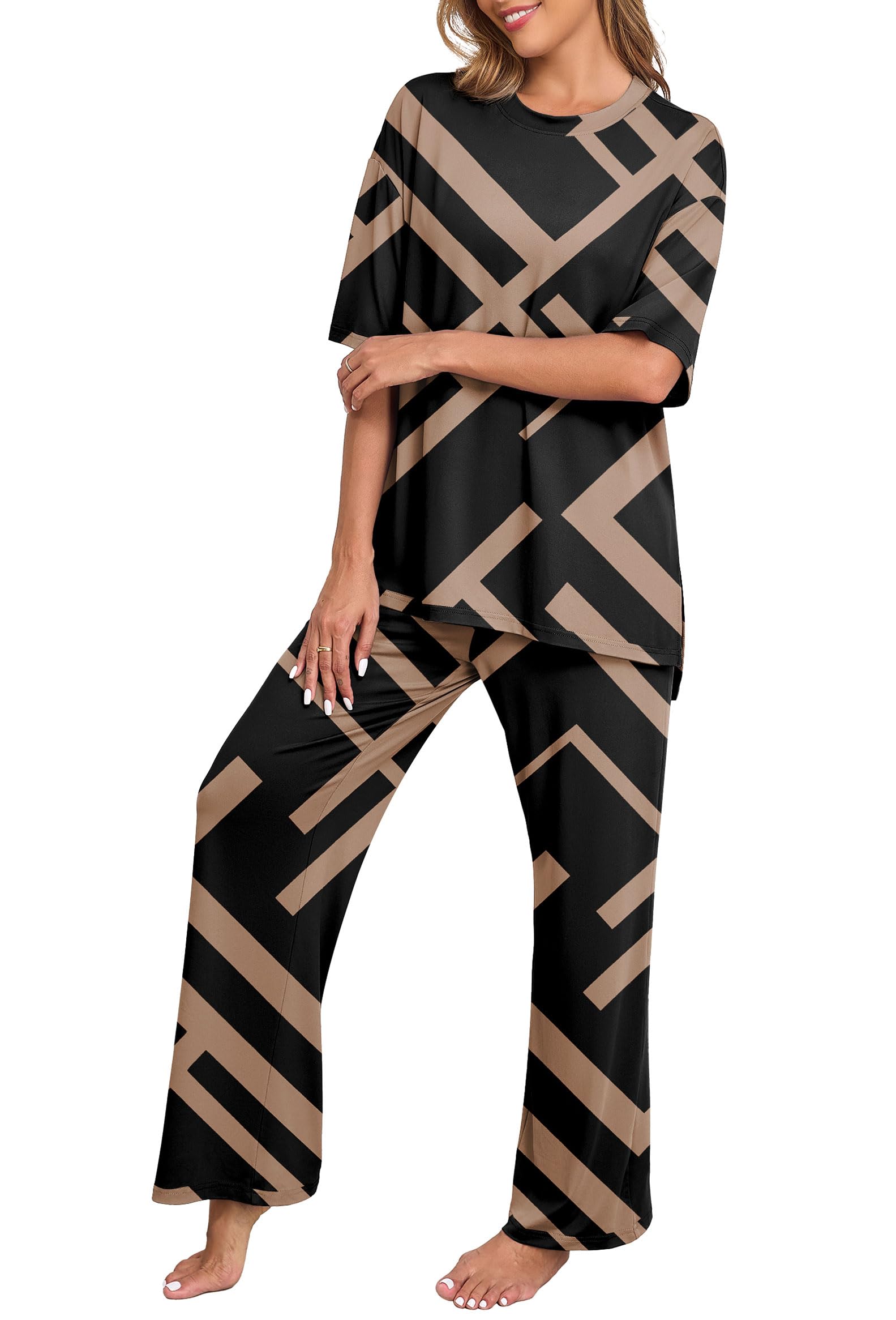 PrinStory Womens Pajamas Sets 2 Piece Lounge Set Short Sleeve Tops and Long Pants Soft Pjs Loungewear with Pockets