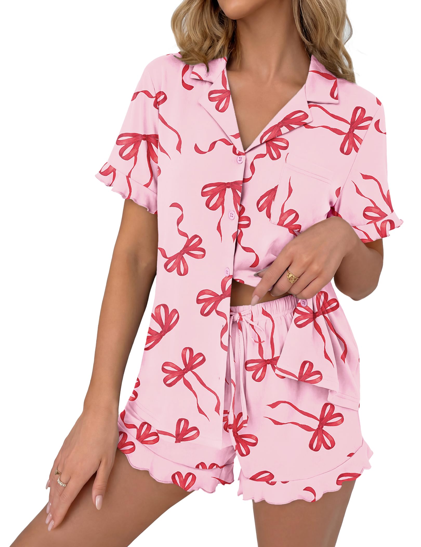 Ekouaer Pajamas Set for Women Button Down Pjs Lounge Sets Ruffle Short Sleeve Sleepwear Cute Loungewear