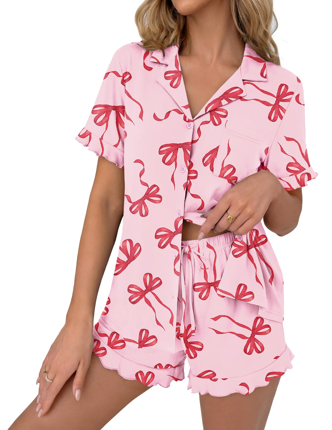 Ekouaer Pajamas Set for Women Button Down Pjs Lounge Sets Ruffle Short Sleeve Sleepwear Cute Loungewear