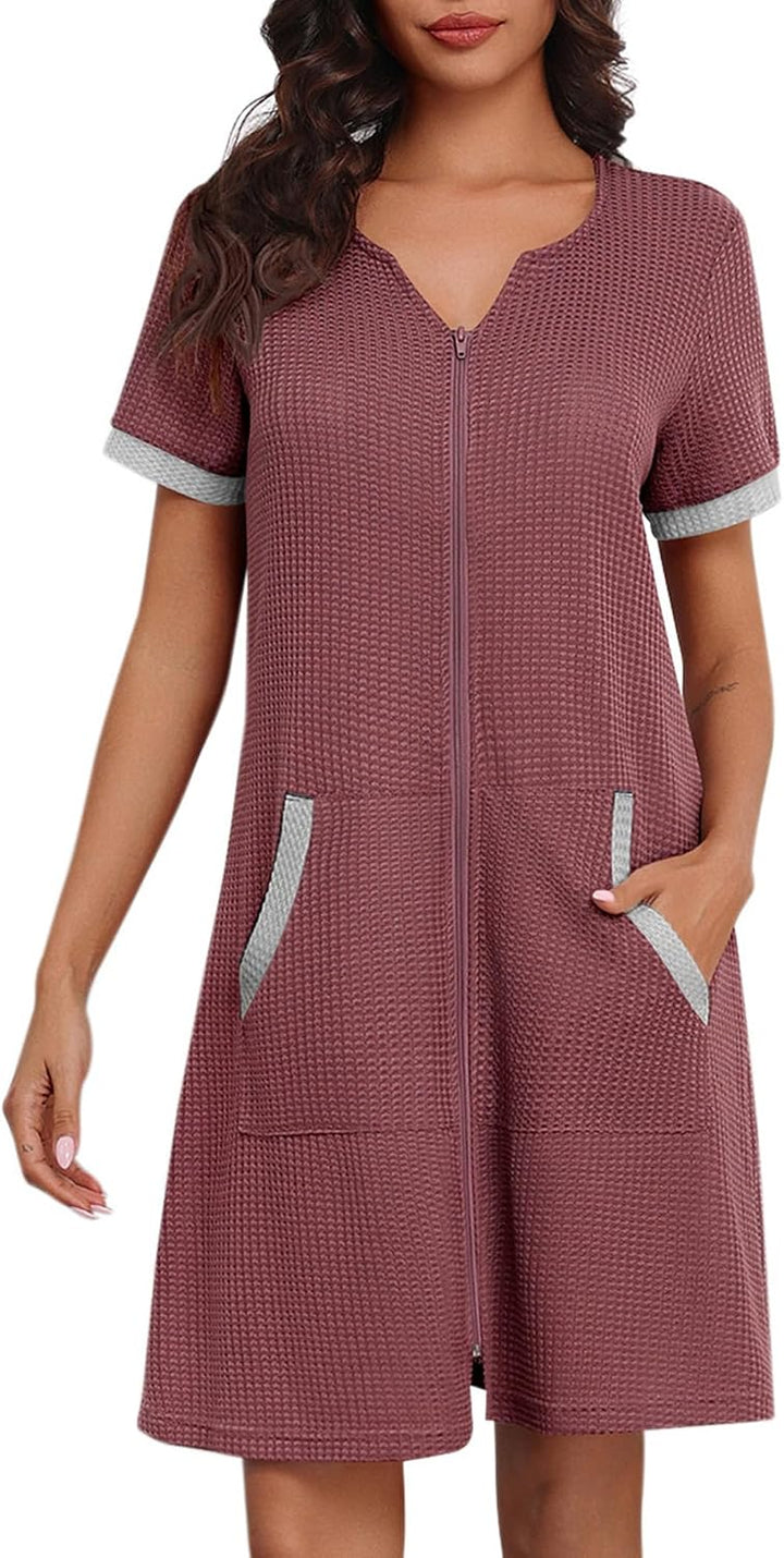 Ekouaer Women Zipper Robe Waffle Short Sleeve Bathrobes Lightweight Knee Length Housecoat with Pockets S-3XL