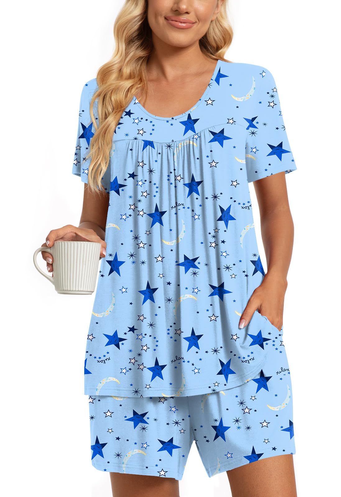 TAOHUADAO 2 Piece Women's Short Sleeve Pajama Sets, Lounge Sleepwear Ladies Pjs Sets with Pockets