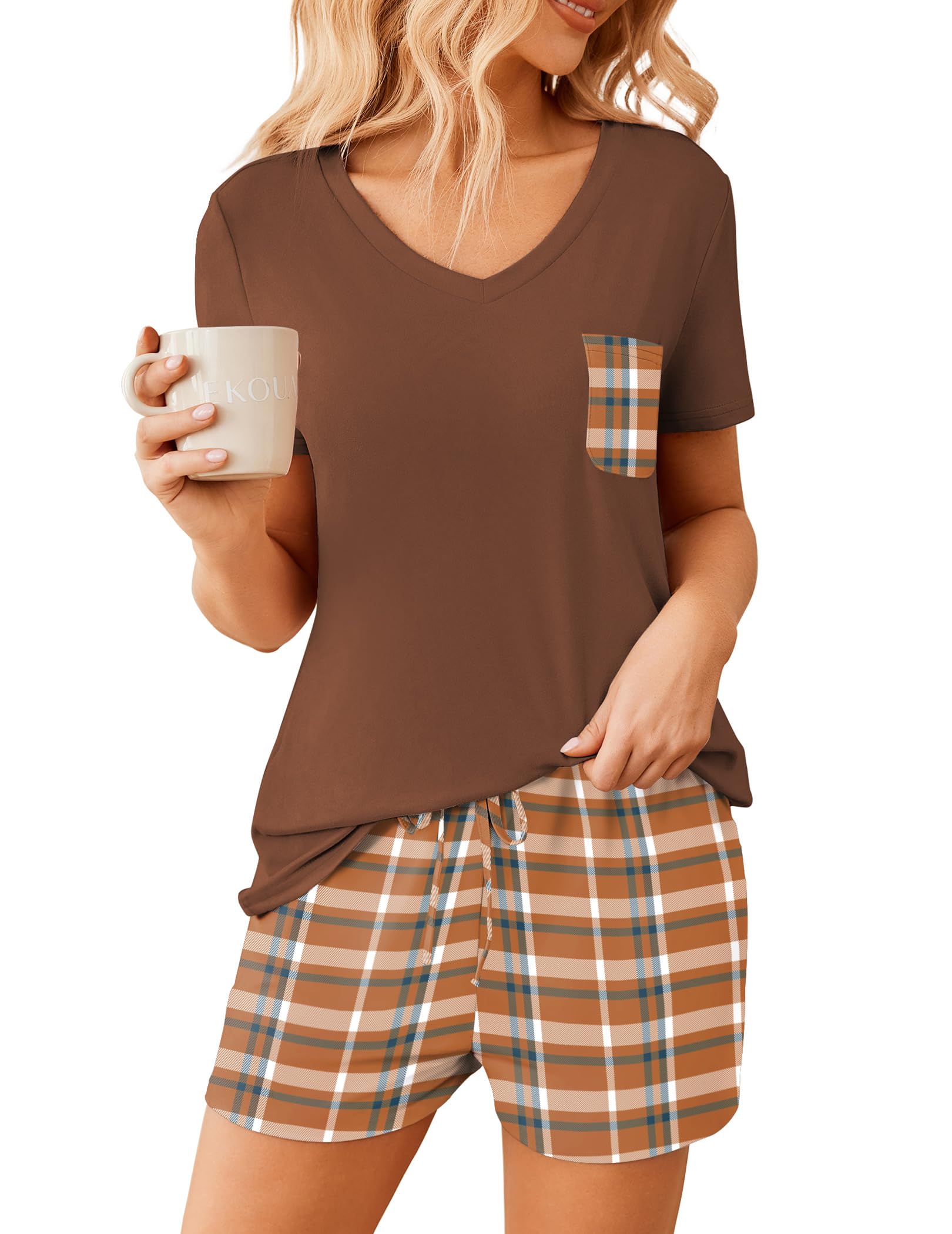 Ekouaer Womens Pajama Sets Short Sleeve Pajamas for Women Sets Soft Lounge Sets Casual V Neck Sleepwear PJS