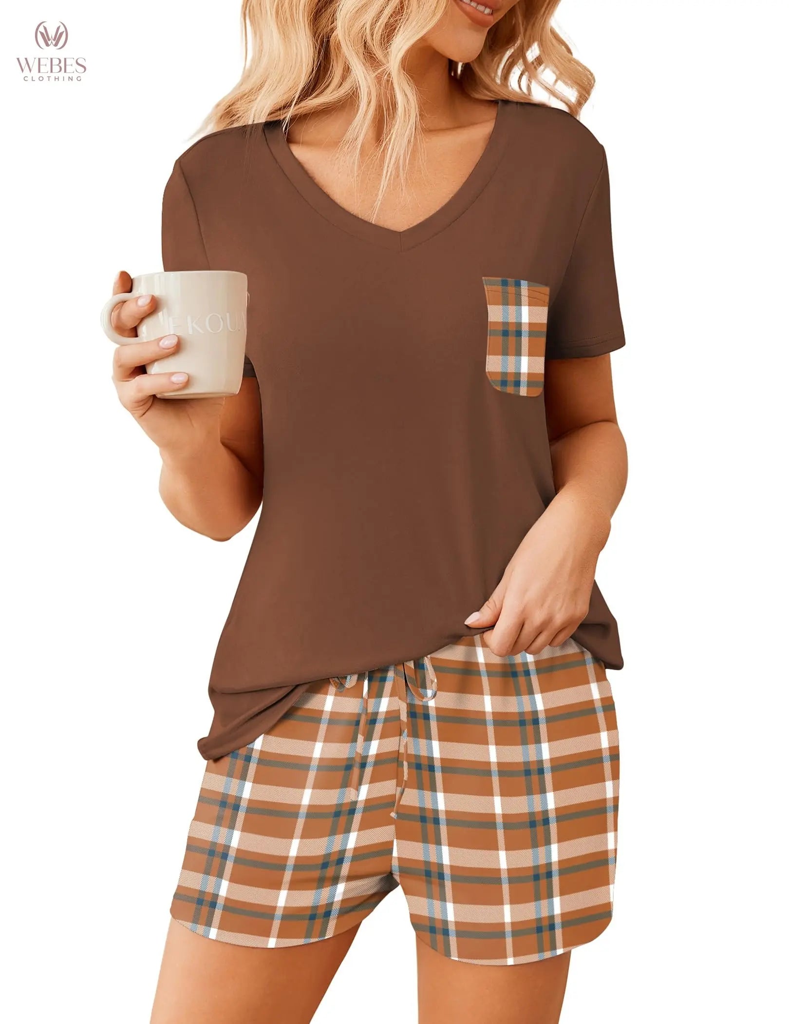 Ekouaer Womens Pajama Sets Short Sleeve Pajamas for Women Sets Soft Lounge Sets Casual V Neck Sleepwear PJS