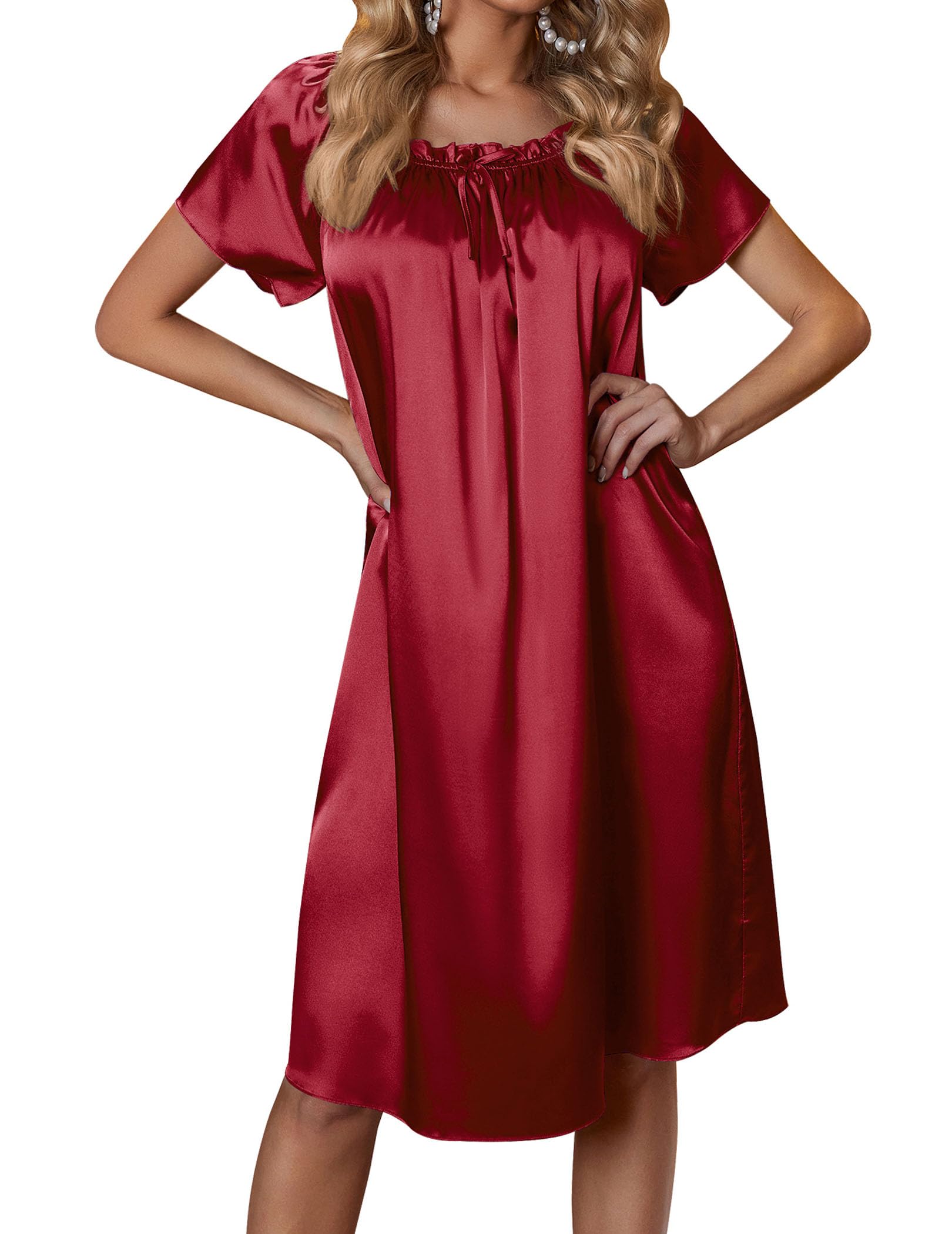 Ekouaer Women's Satin Silk Pleated Nightgown Loose Sleepwear Printed Nightshirt Short Sleeve Sleep Dress WEBE CLOTHING