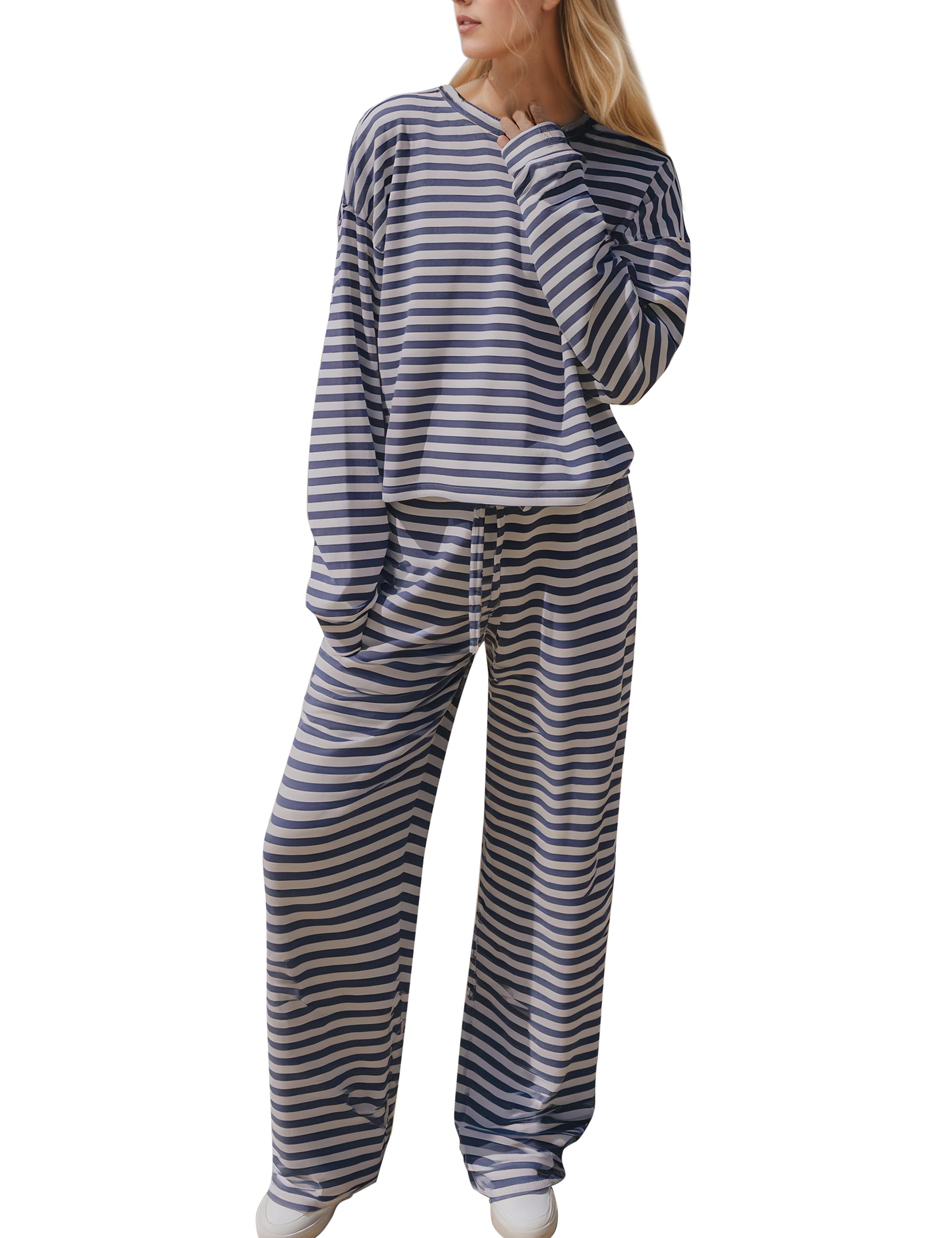 MISSACTIVER Women's Striped 2 Piece Lounge Set Casual Long Sleeve T-Shirt Drawstring Wide Leg Pants Matching Pajamas Set