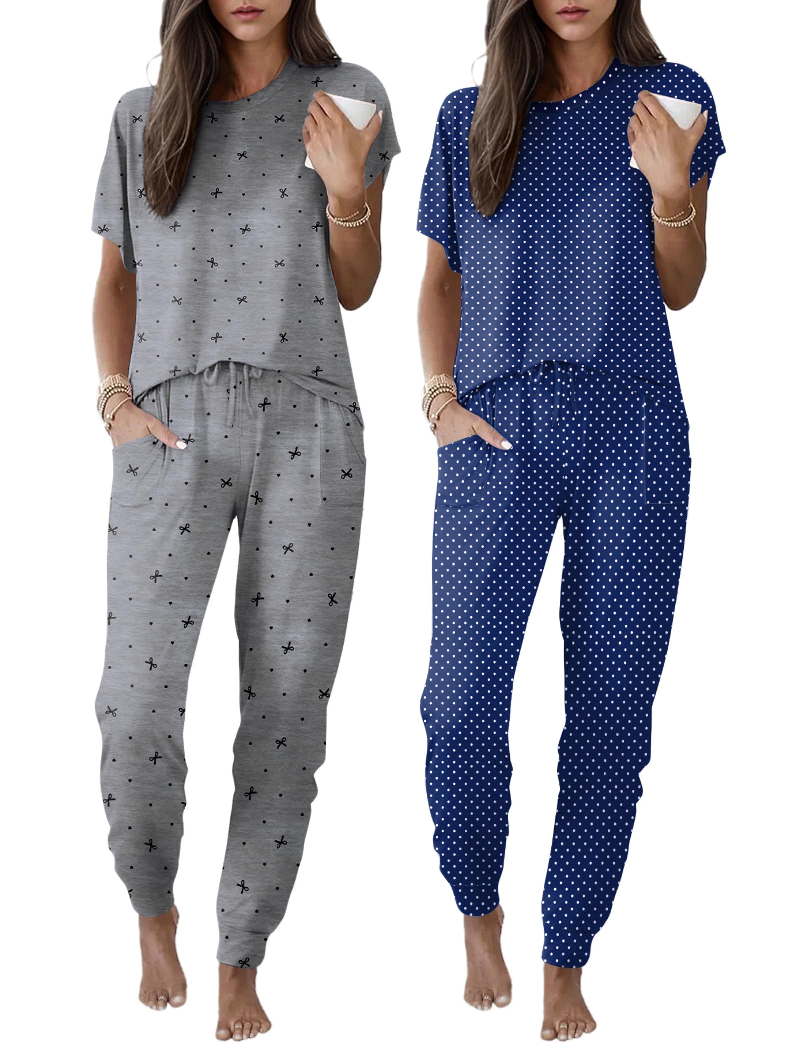 Ekouaer 2 pack Pajama Sets for Womens Jogger Pants Pjs Short Sleeves Lounge Set Soft Sleepwear with Pockets