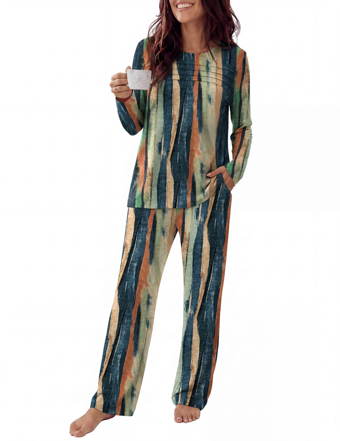 Ekouaer Womens Pajama Sets Pleated Tops with Long Pants Lounge Set Long Sleeve Fall Sleepwear Ladies Pjs S-XXL