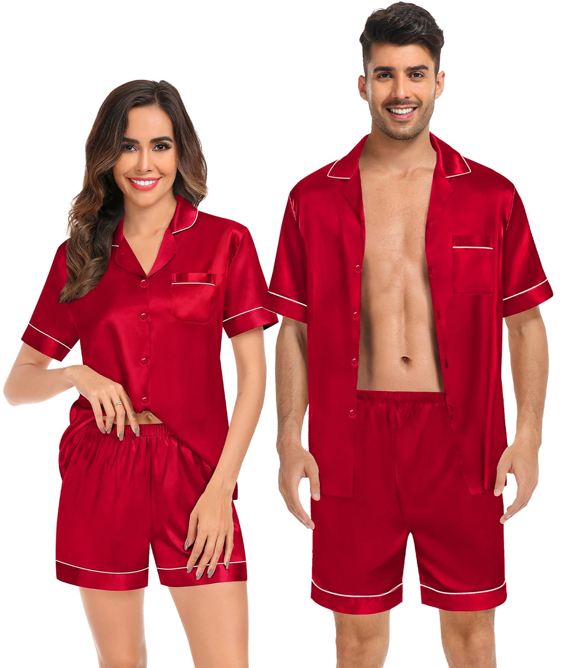 SWOMOG Couples Matching Pajamas Set Satin Short Sleeve Button Down Tops Silk Shorts Pj Lounge Set Soft Sleepwear