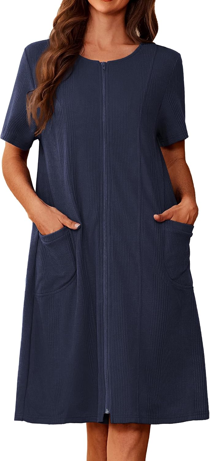 Ekouaer Zipper Robes for Women Short Sleeve Waffle Knit Bathrobe Lightweight House Coat with Pockets Soft Loungwear