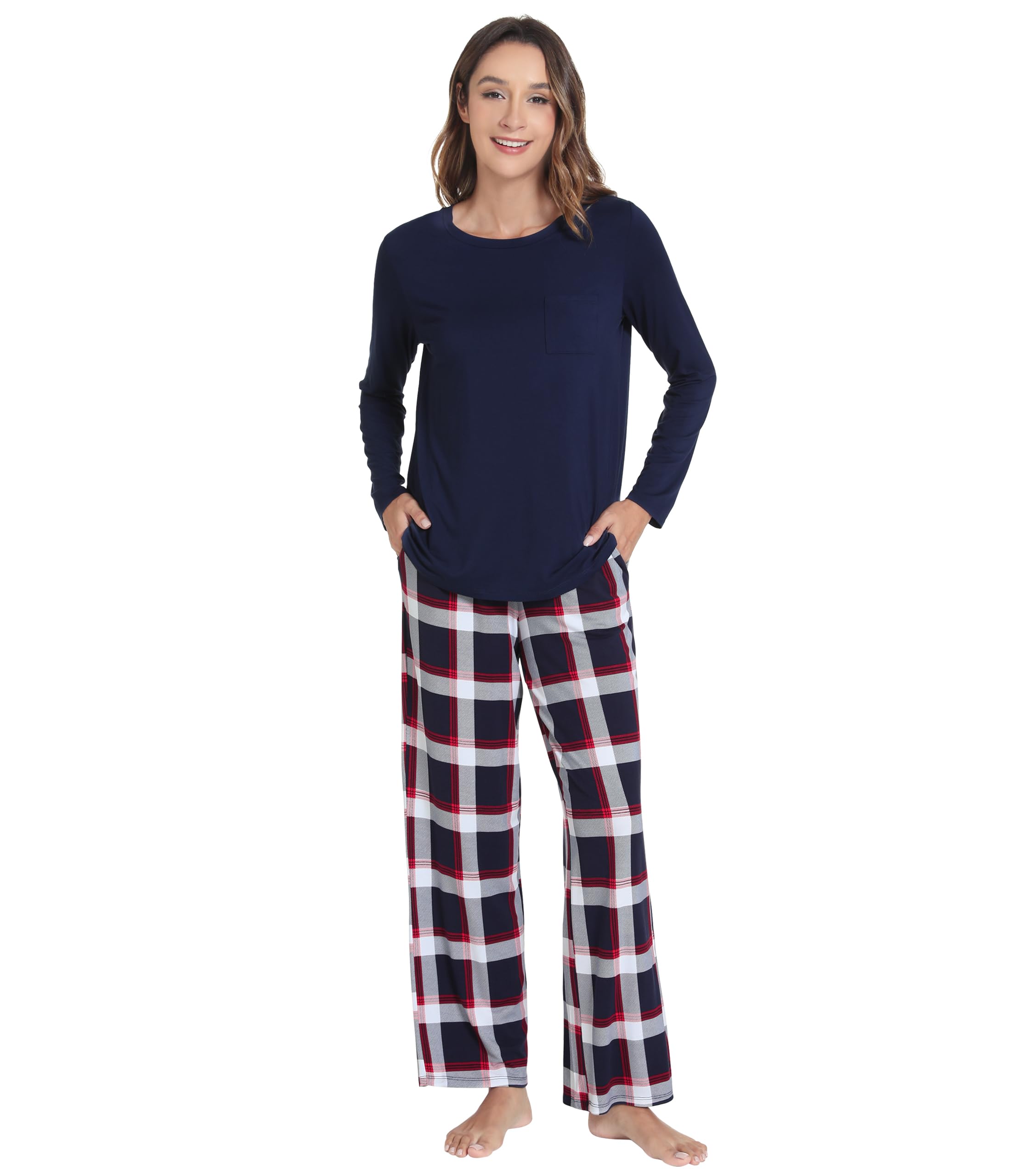 WiWi Bamboo Viscose Pajama Set for Women Super Soft Long Sleeve Top with Pants Loungewear Cooling 2 Piece Pjs Sets S-XXL
